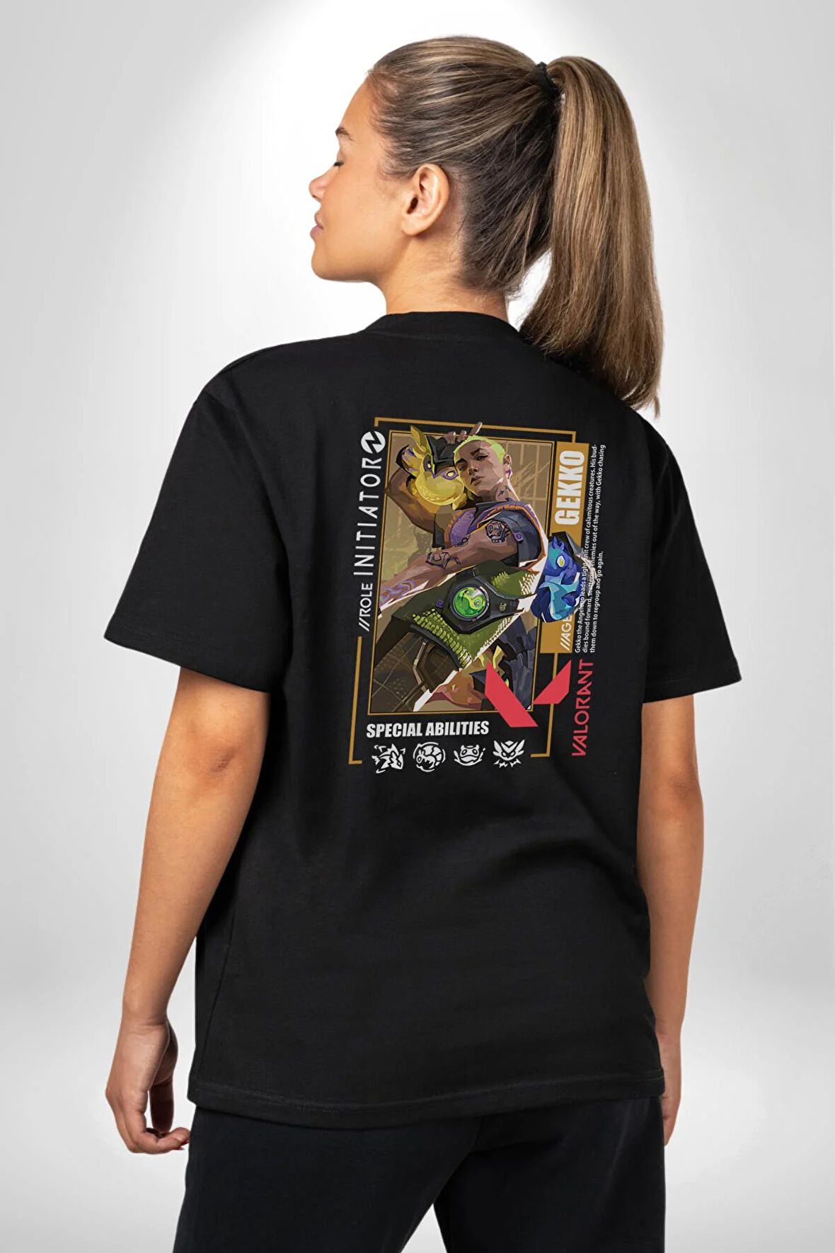 Valorant  GEKKO Ajan Oyun Karakter Özellikleri Pamuklu Kadın Erkek Oversize Sırt Dijital Baskılı Siyah T-shirt