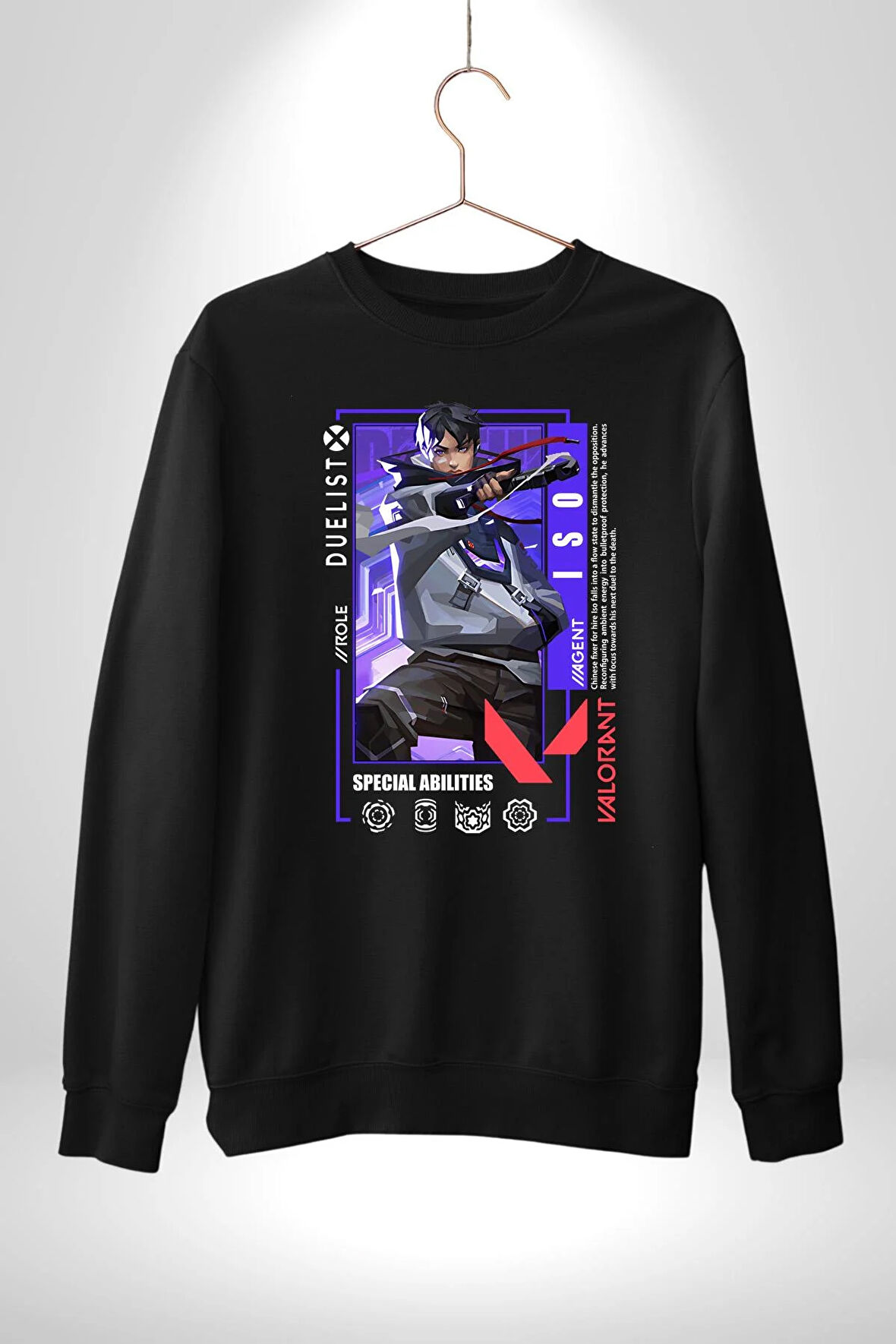 Valorant  ISO Ajan Oyun Karakter Özellikleri Kadın Erkek Siyah Sweatshirt 