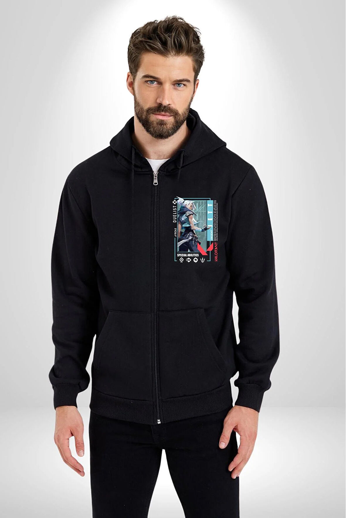 Valorant  JETT Ajan Oyun Karakter Özellikleri Kadın Erkek Siyah Kapüşonlu Fermuarlı Baskılı Hırka Sweatshirt