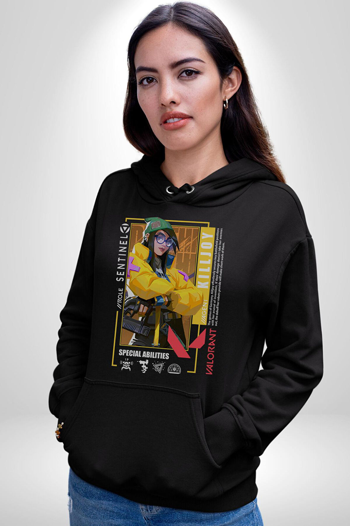 Valorant  KILLJOY Ajan Oyun Karakter Özellikleri Kadın Erkek  Siyah Kapüşonlu Sweatshirt Hoodie