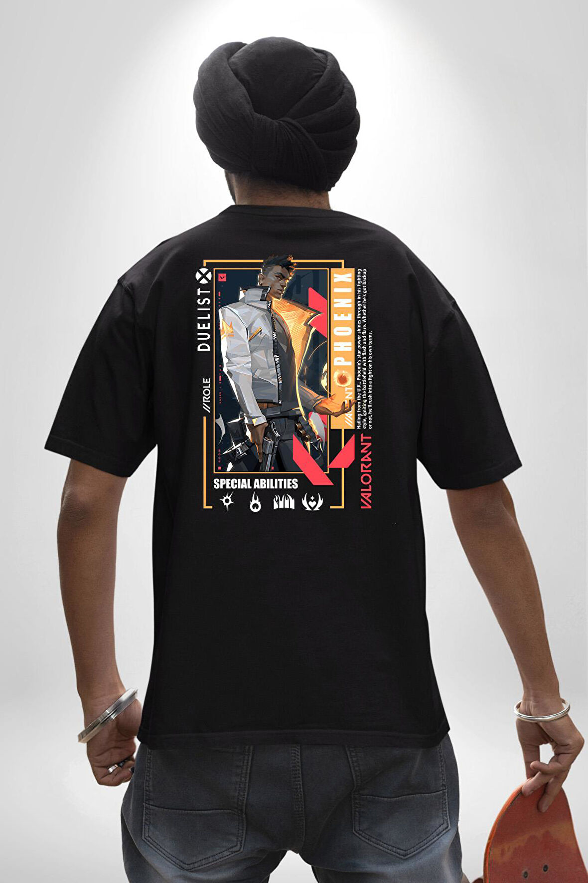 Valorant  PHOENIX Ajan Oyun Karakter Özellikleri Pamuklu Kadın Erkek Oversize Sırt Dijital Baskılı Siyah T-shirt