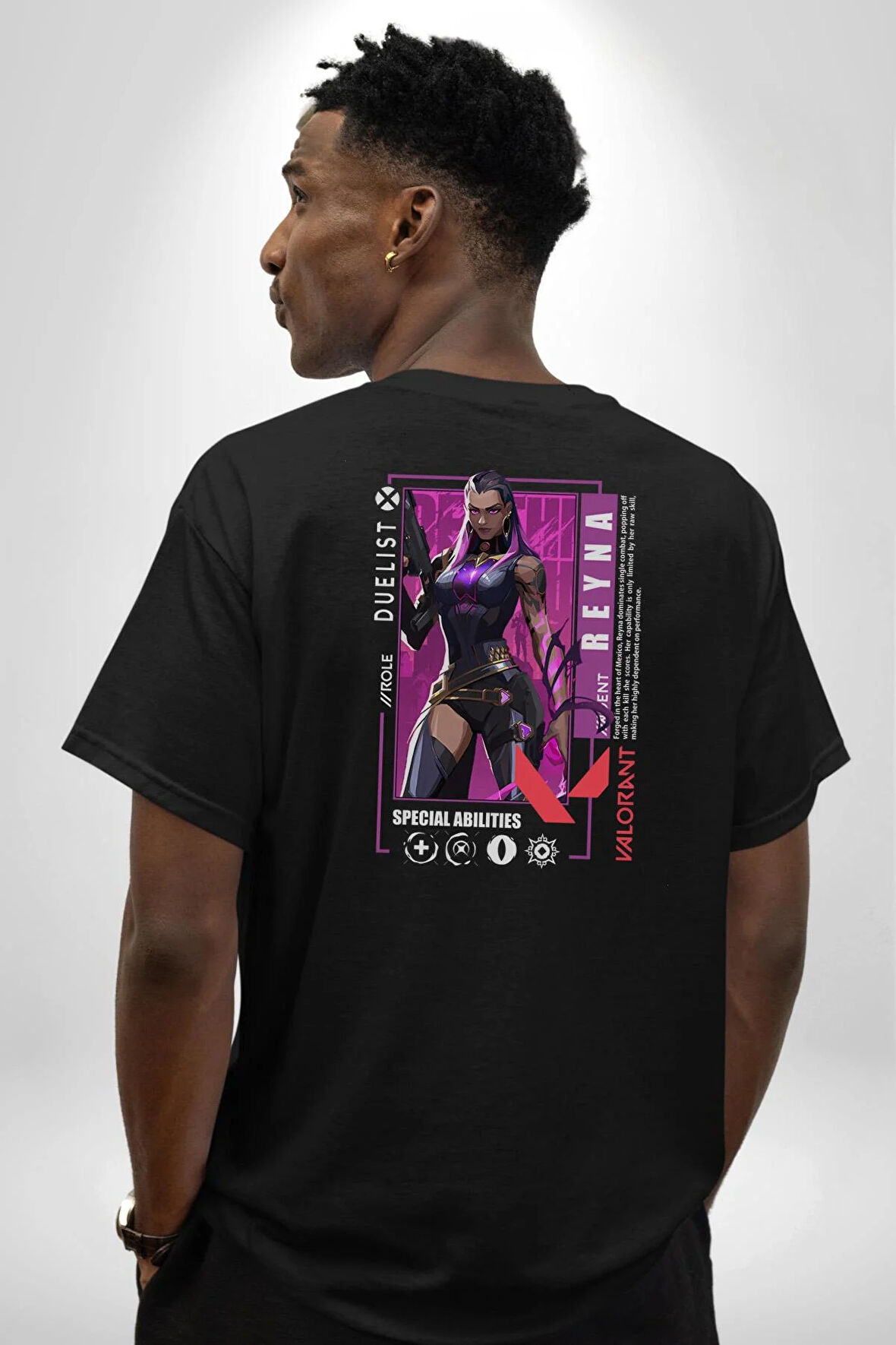 Valorant  REYNA Ajan Oyun Karakter Özellikleri Pamuklu Kadın Erkek Oversize Sırt Dijital Baskılı Siyah T-shirt