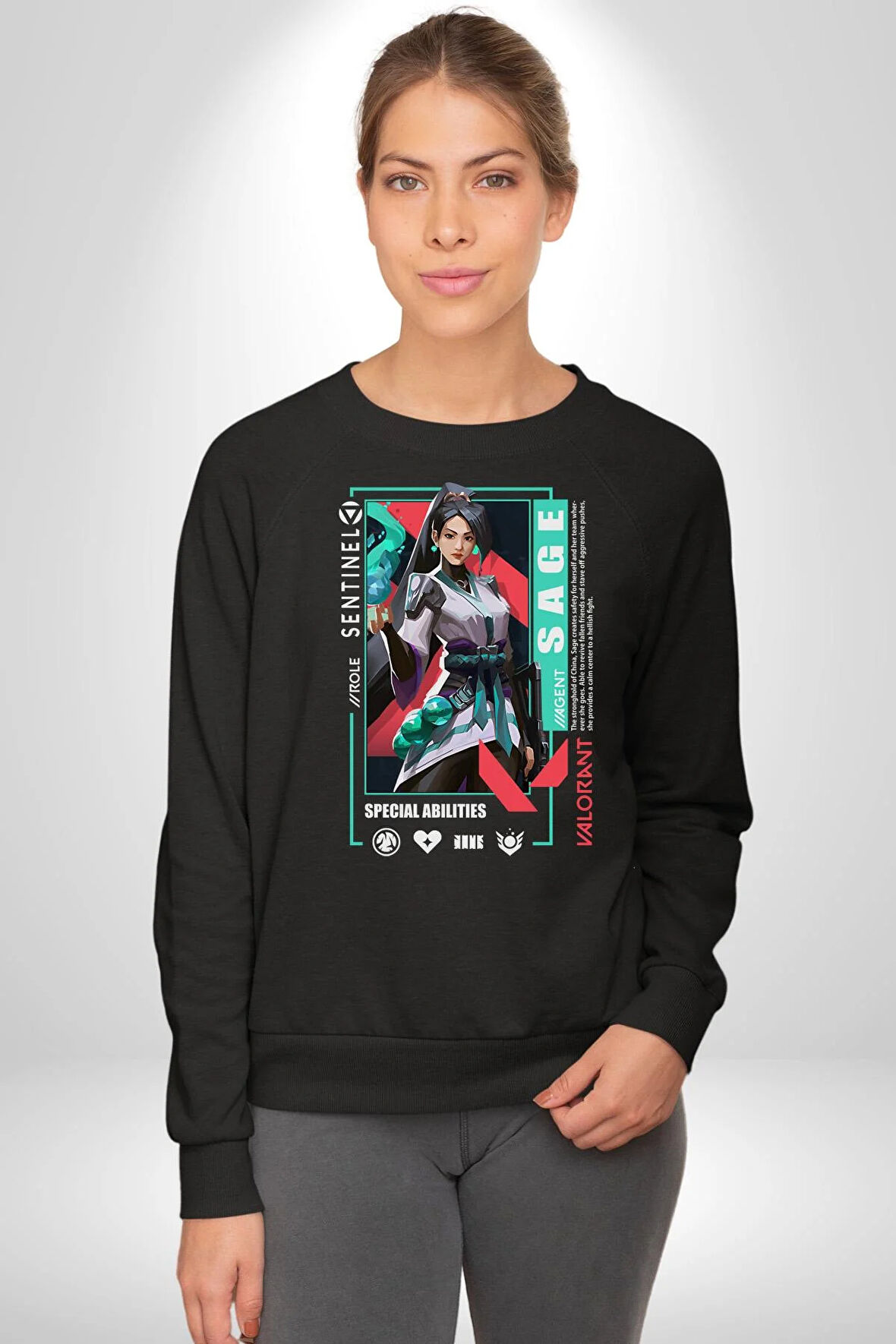 Valorant  SAGE Ajan Oyun Karakter Özellikleri Kadın Erkek Siyah Sweatshirt 