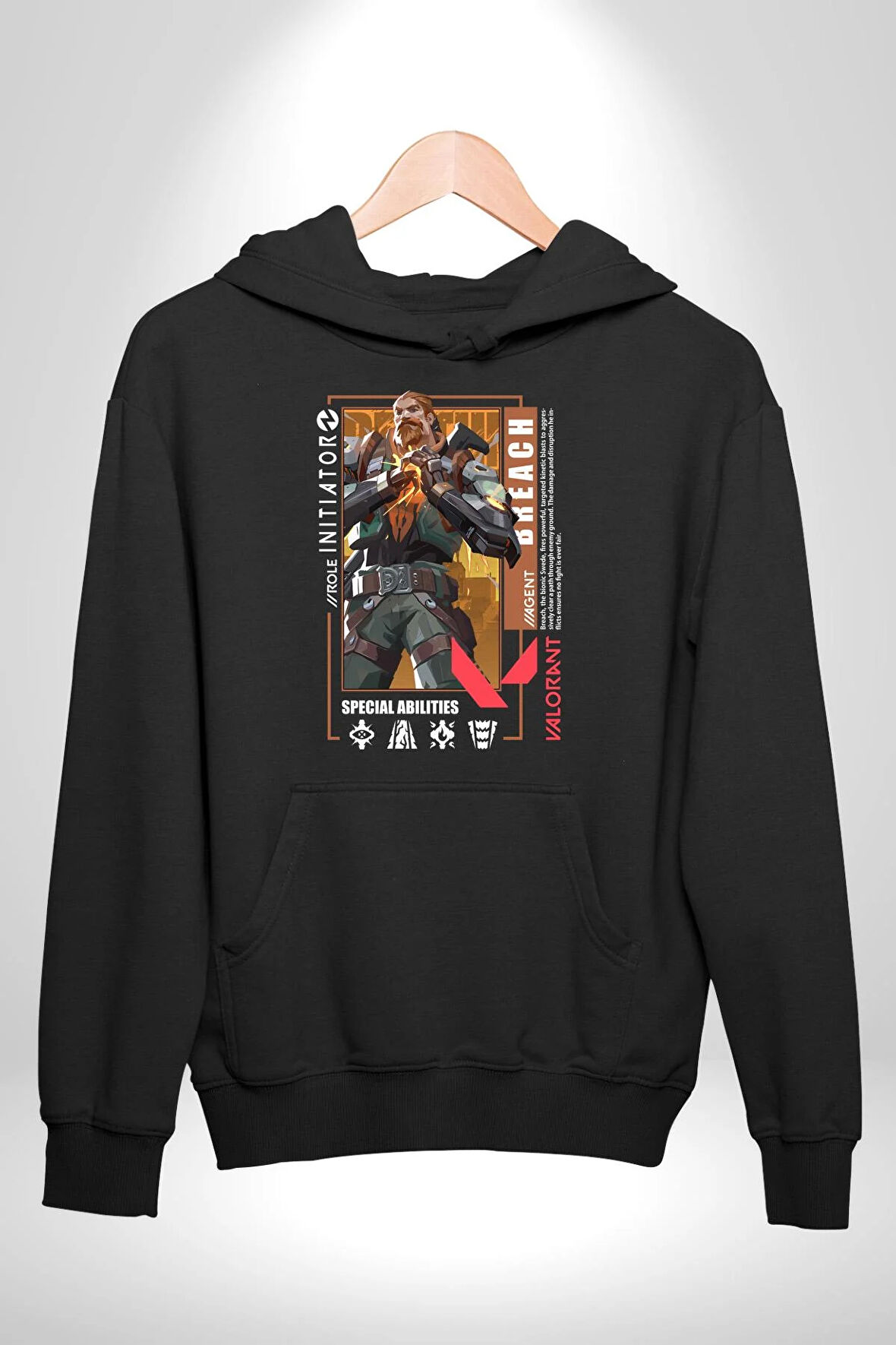 Valorant   BREACH Ajan Oyun Karakter Özellikleri Kadın Erkek  Siyah Kapüşonlu Sweatshirt Hoodie