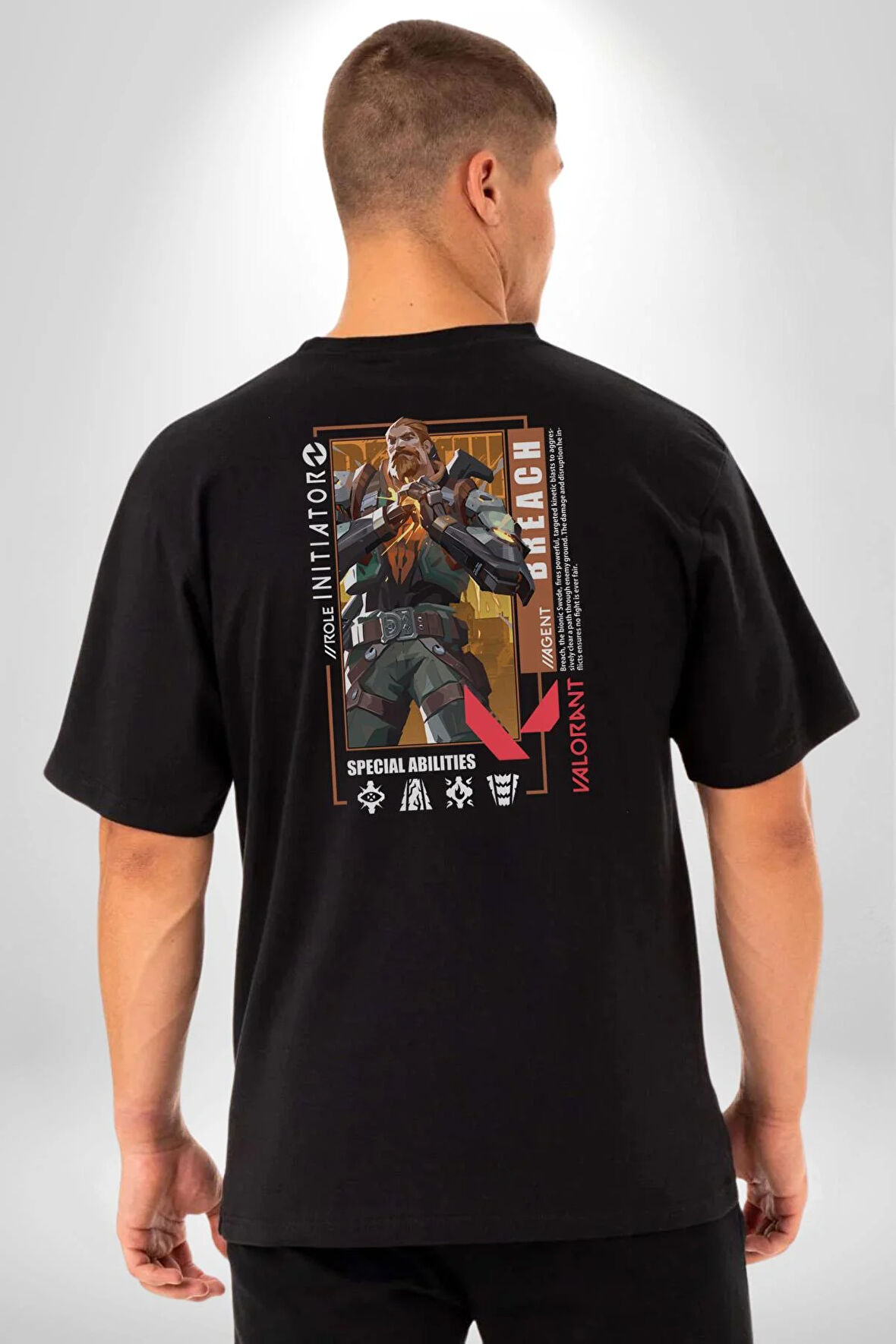 Valorant   BREACH Ajan Oyun Karakter Özellikleri Pamuklu Kadın Erkek Oversize Sırt Dijital Baskılı Siyah T-shirt