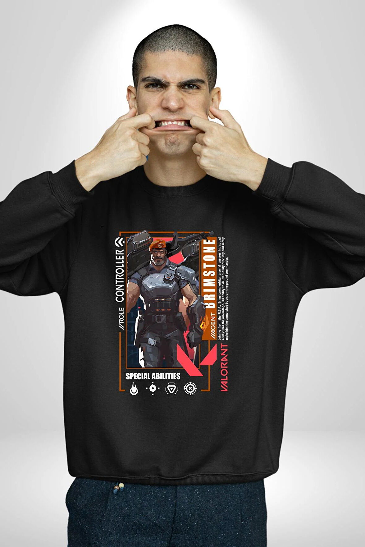 Valorant   BRIMSTONE Ajan Oyun Karakter Özellikleri Kadın Erkek Siyah Sweatshirt 