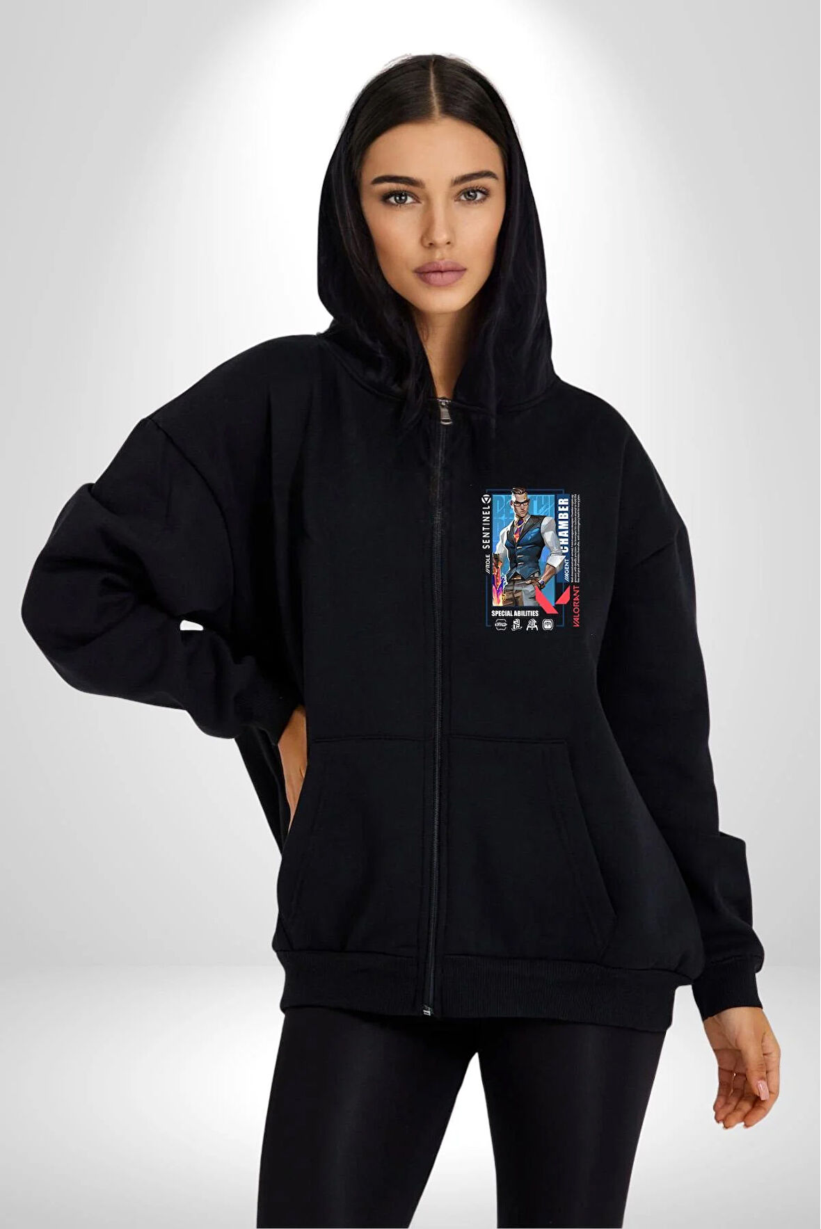 Valorant  CHAMBER  Ajan Oyun Karakter Özellikleri Kadın Erkek Siyah Kapüşonlu Fermuarlı Baskılı Hırka Sweatshirt