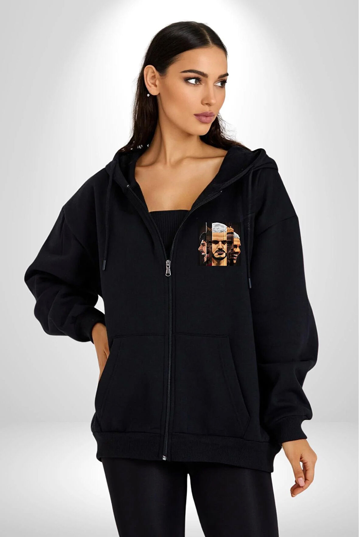 Futbol Şampiyon Sarı Kırmızı Liderler Kadın Erkek Siyah Kapüşonlu Fermuarlı Baskılı Hırka Sweatshirt
