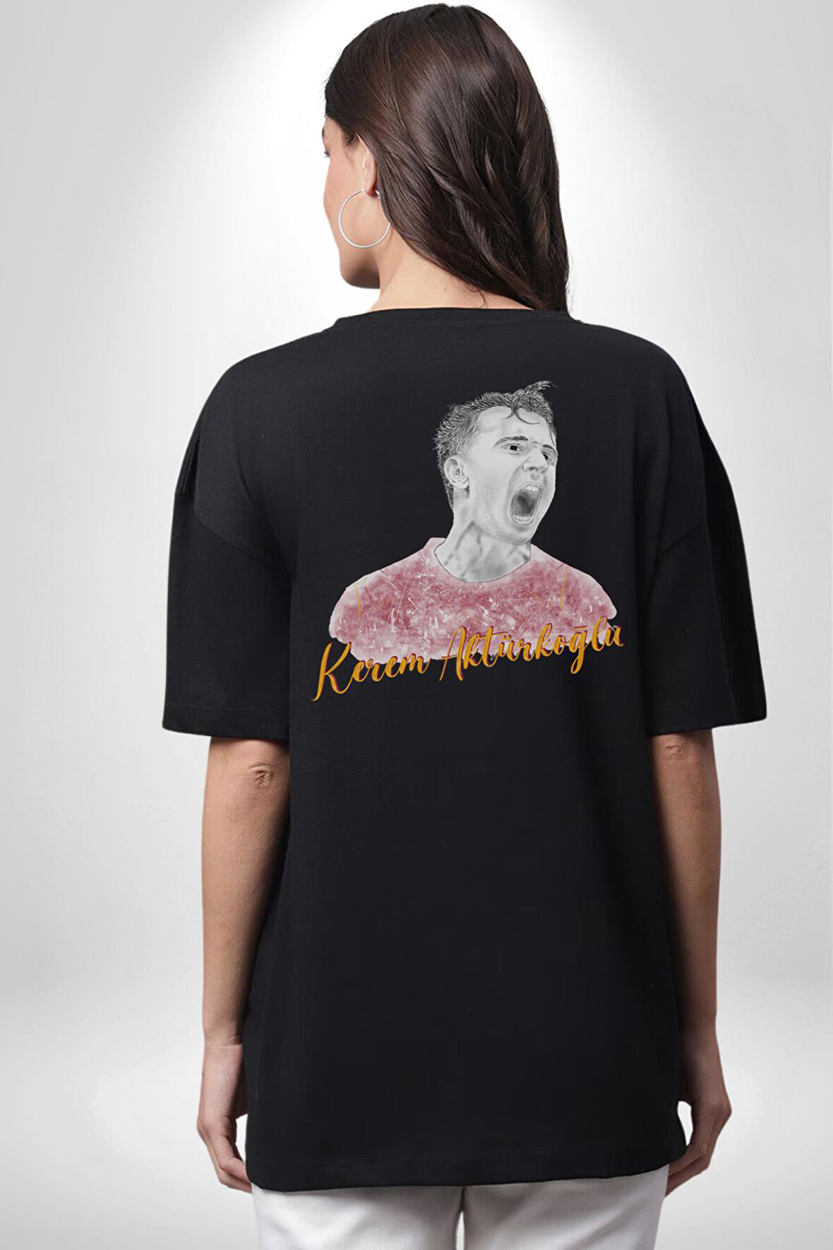 Kerem Aktürkoğlu Futbol Pamuklu Kadın Erkek Oversize Sırt Dijital Baskılı Siyah T-shirt