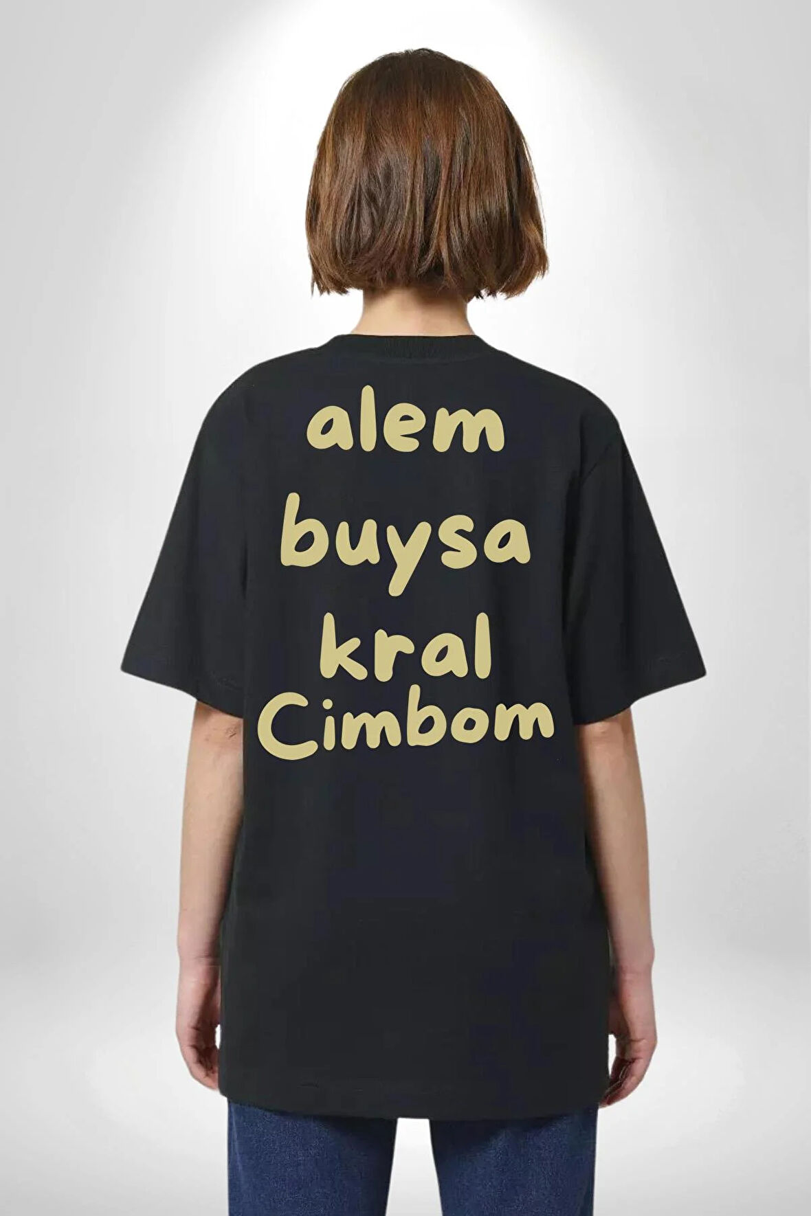 Alem Buysa Kral CİMBOM Pamuklu Kadın Erkek Oversize Sırt Dijital Baskılı Siyah T-shirt
