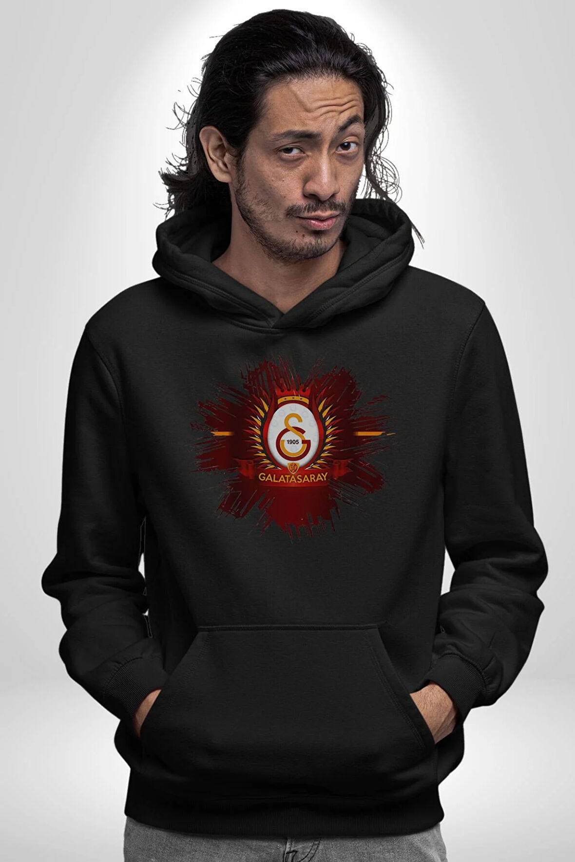 Sarı Kırmızı Logo Aslan Futbol Kadın Erkek  Siyah Kapüşonlu Sweatshirt Hoodie