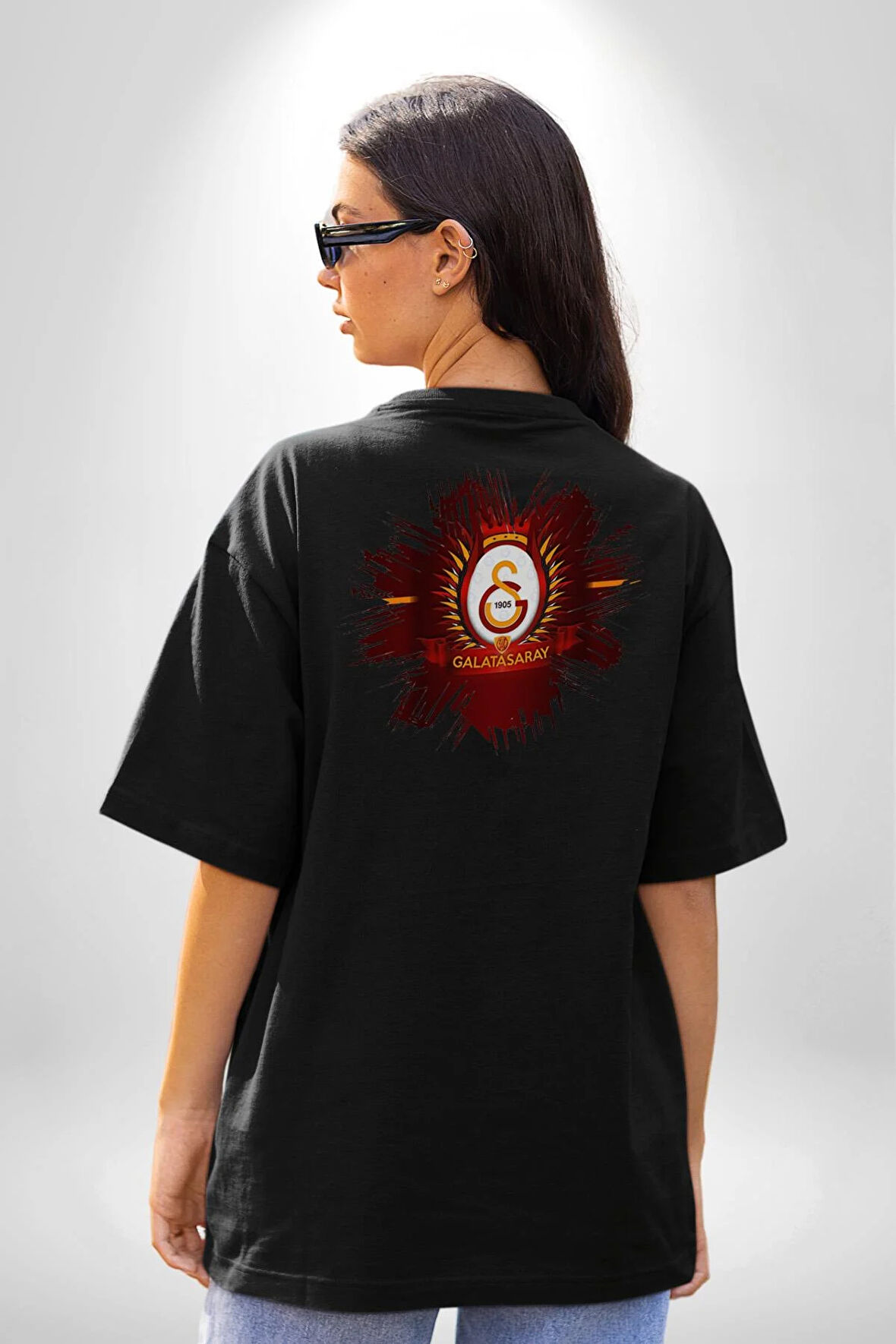 Sarı Kırmızı Logo Aslan Futbol Pamuklu Kadın Erkek Oversize Sırt Dijital Baskılı Siyah T-shirt