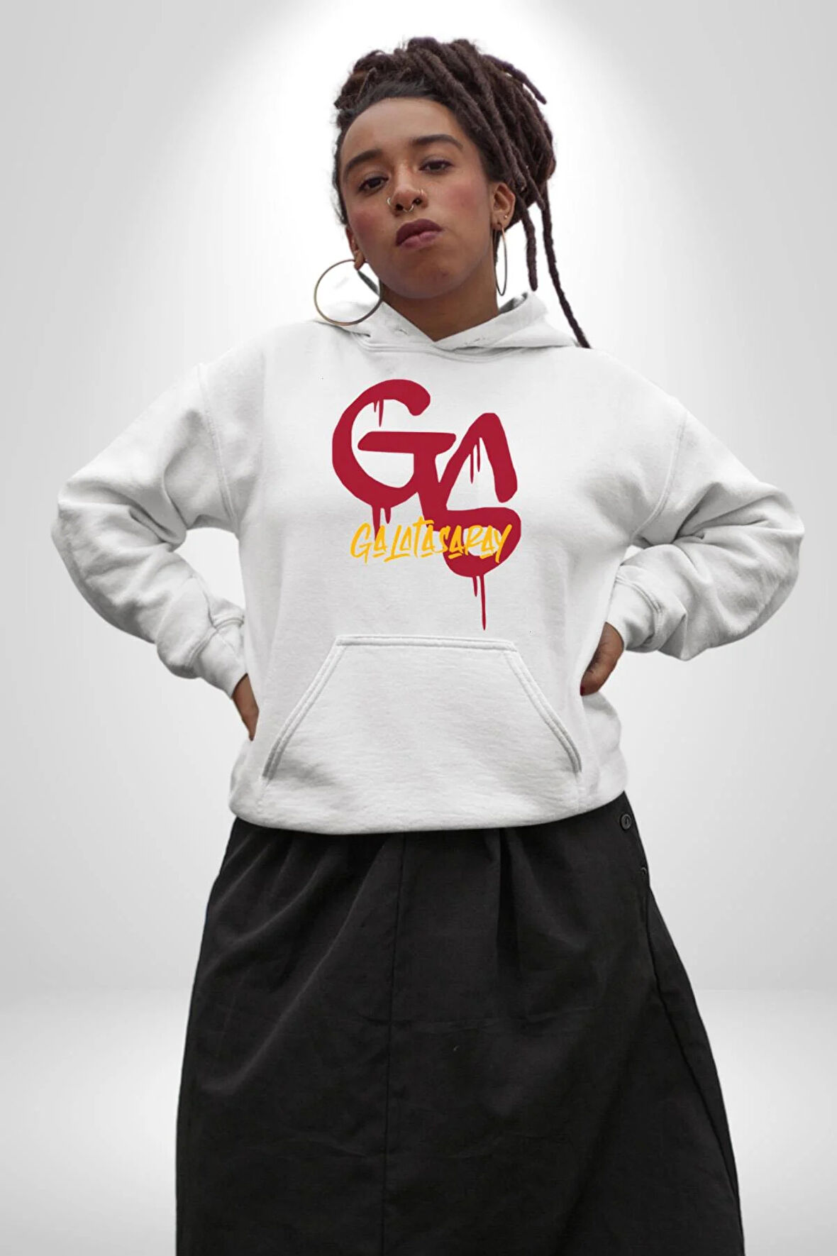 Sarı Kırmızı GS Kadın Erkek  Beyaz Kapüşonlu Sweatshirt Hoodie