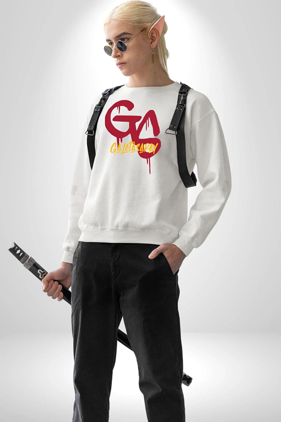 Sarı Kırmızı GS Kadın Erkek Beyaz Sweatshirt 
