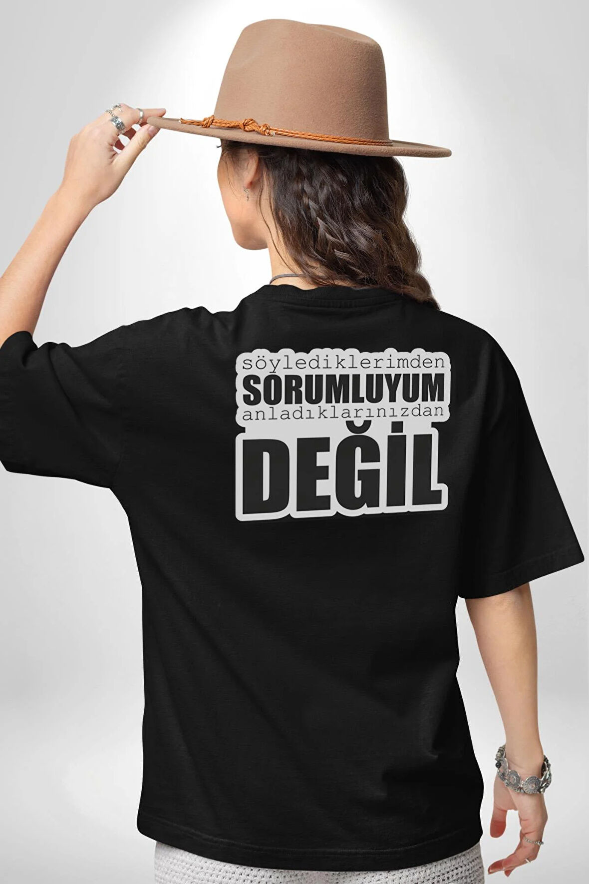 Söylediklerimden Sorumluyum Anladıklarınızdan Değil Yazılı Pamuklu Kadın Erkek Oversize Sırt Dijital Baskılı Siyah T-shirt
