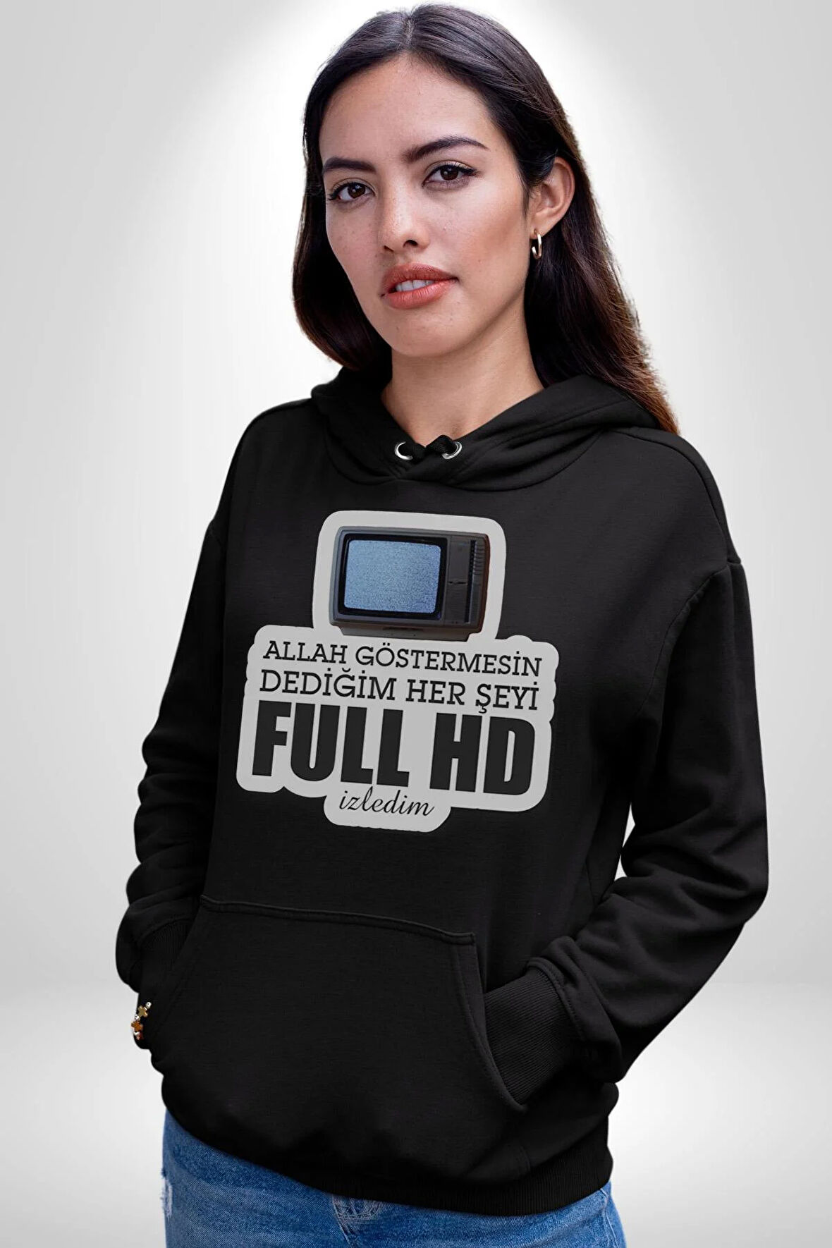 Allah Göstermesin Dediğim Her Şeyi Full HD İzledim Yazılı Kadın Erkek  Siyah Kapüşonlu Sweatshirt Hoodie