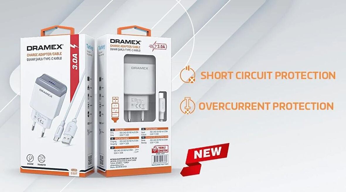 Dramex D30T Usb Giriş Başlık Type-c Kablosu Hızlı Şarj Seti 3.0Amper