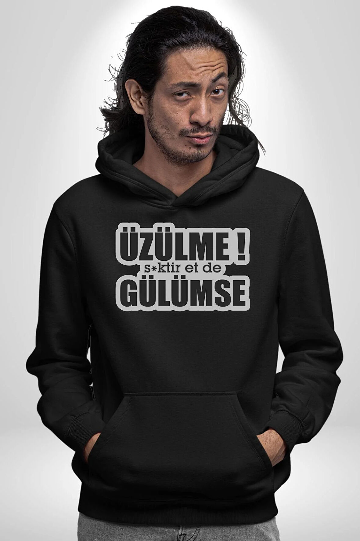 Üzülme Gülümse Yazılı Kadın Erkek  Siyah Kapüşonlu Sweatshirt Hoodie