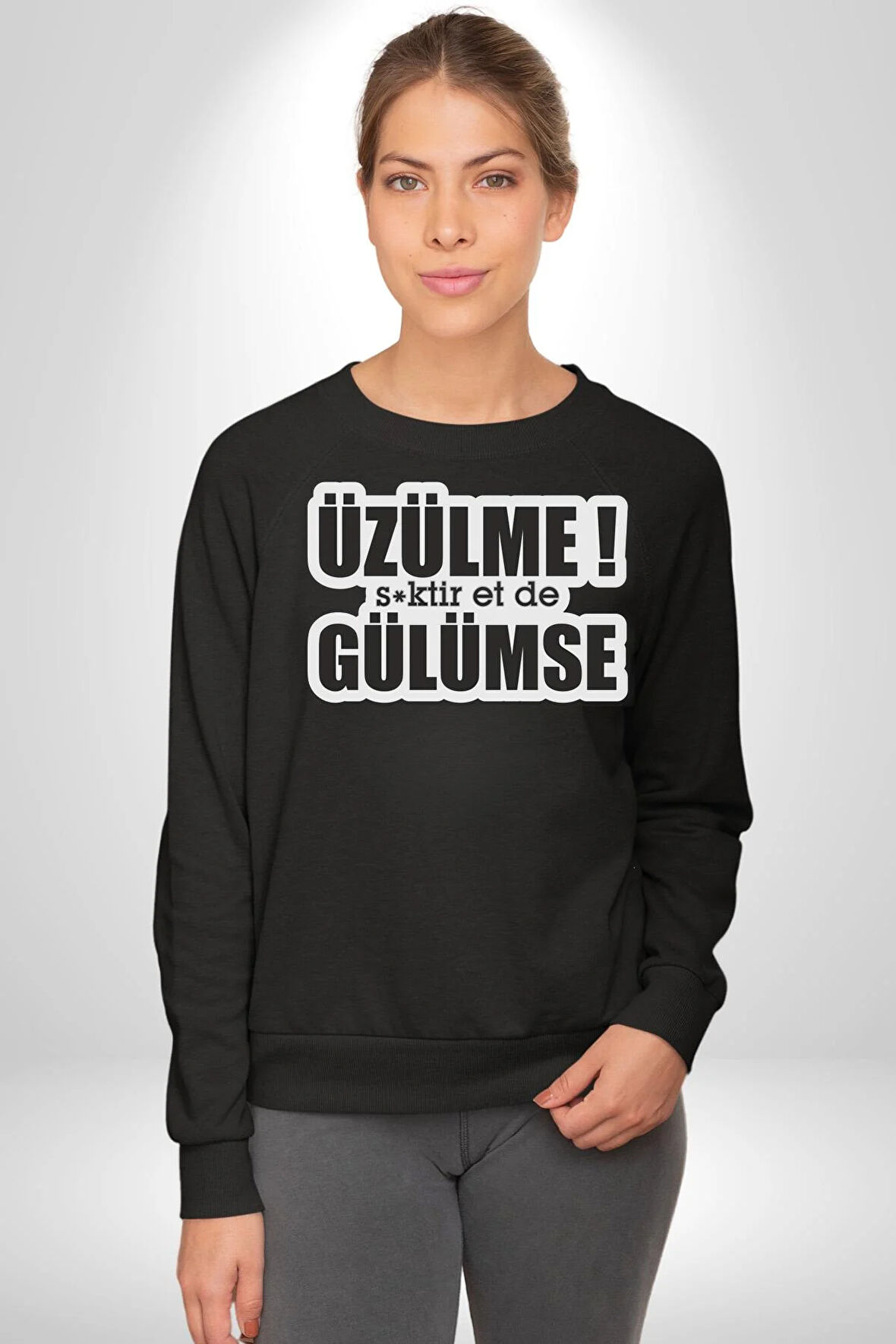 Üzülme Gülümse Yazılı Kadın Erkek Siyah Sweatshirt 