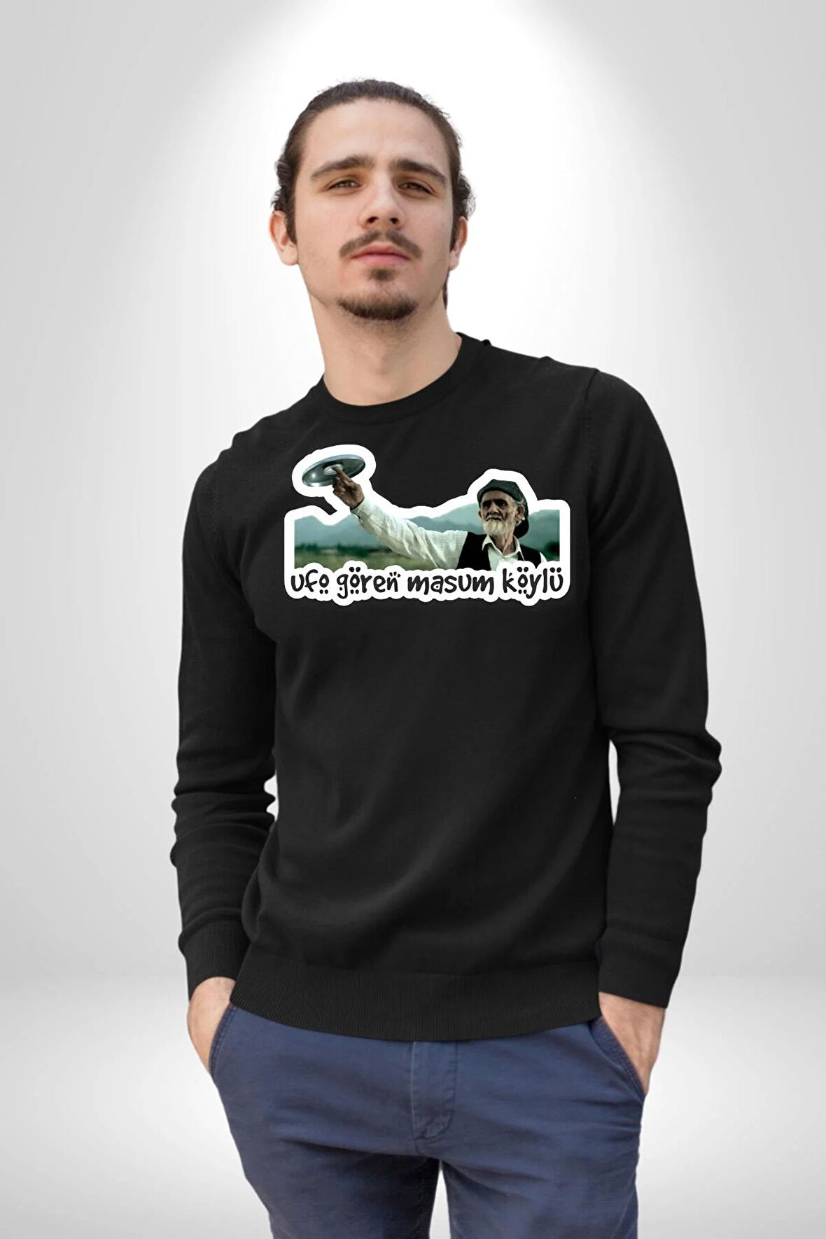 Ufo Gören Masum Köylü Yazılı Kadın Erkek Siyah Sweatshirt 
