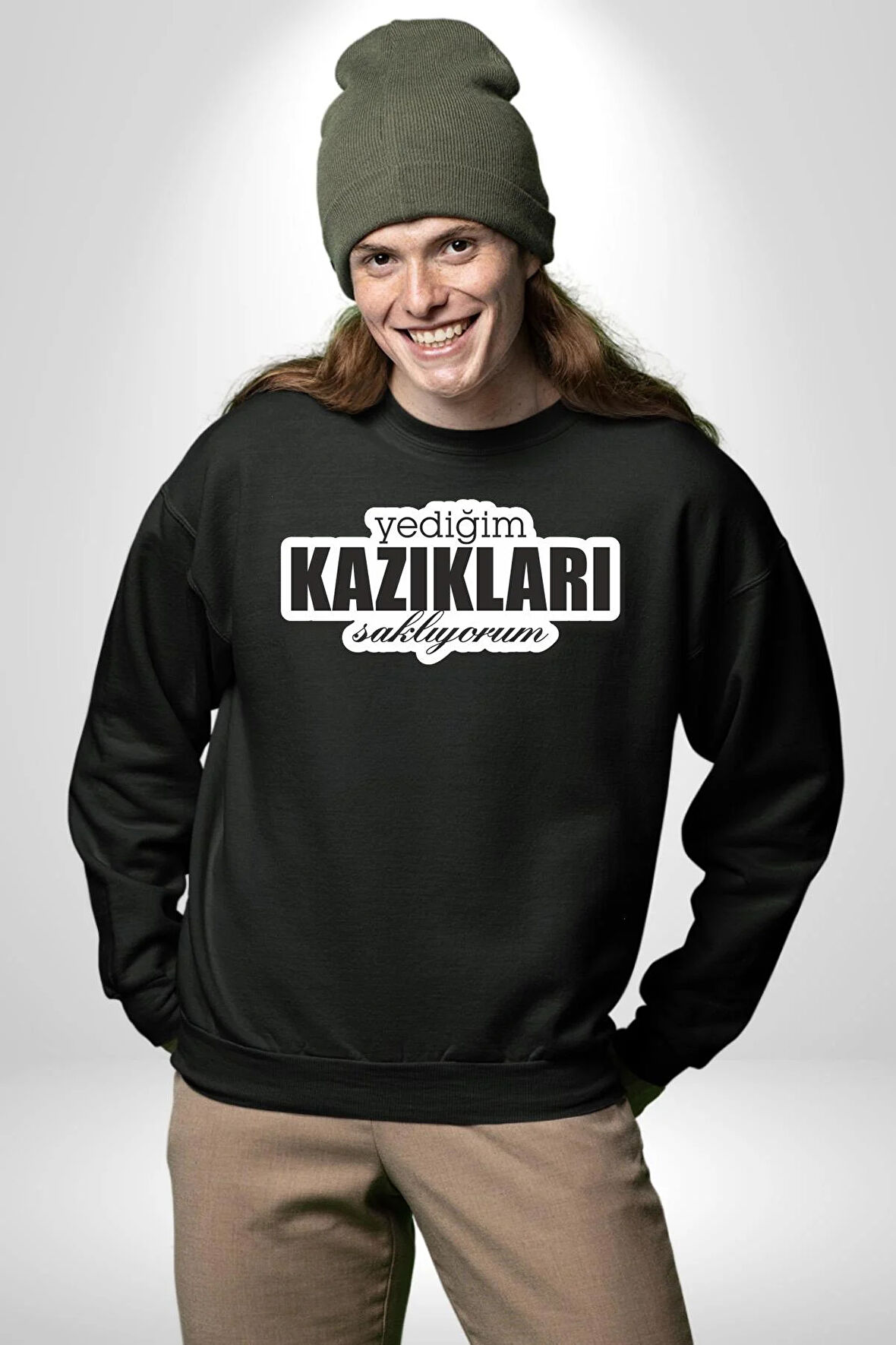 Yediğim kazıkları Saklıyorum Yazılı Kadın Erkek Siyah Sweatshirt 