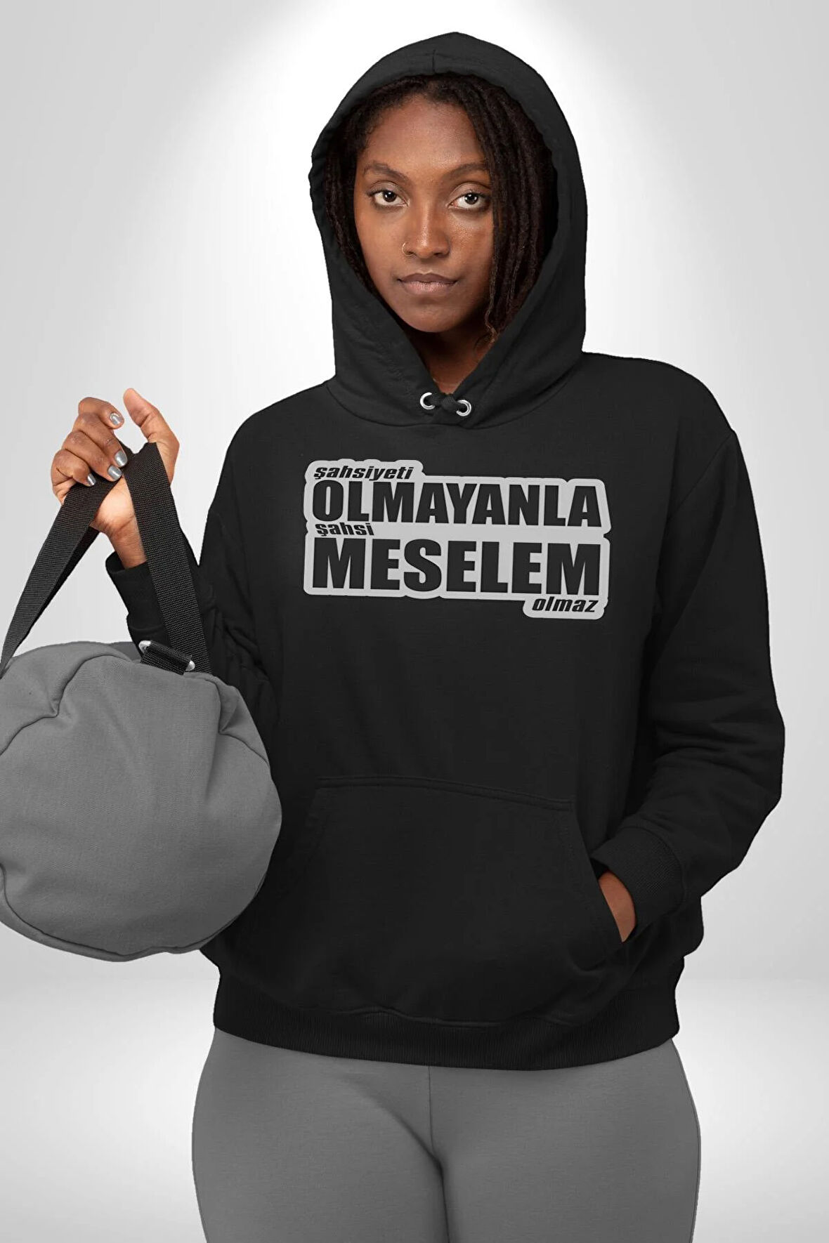 Şahsiyeti Olmayyanla Şahsi Meselem Olmaz Yazılı Kadın Erkek  Siyah Kapüşonlu Sweatshirt Hoodie