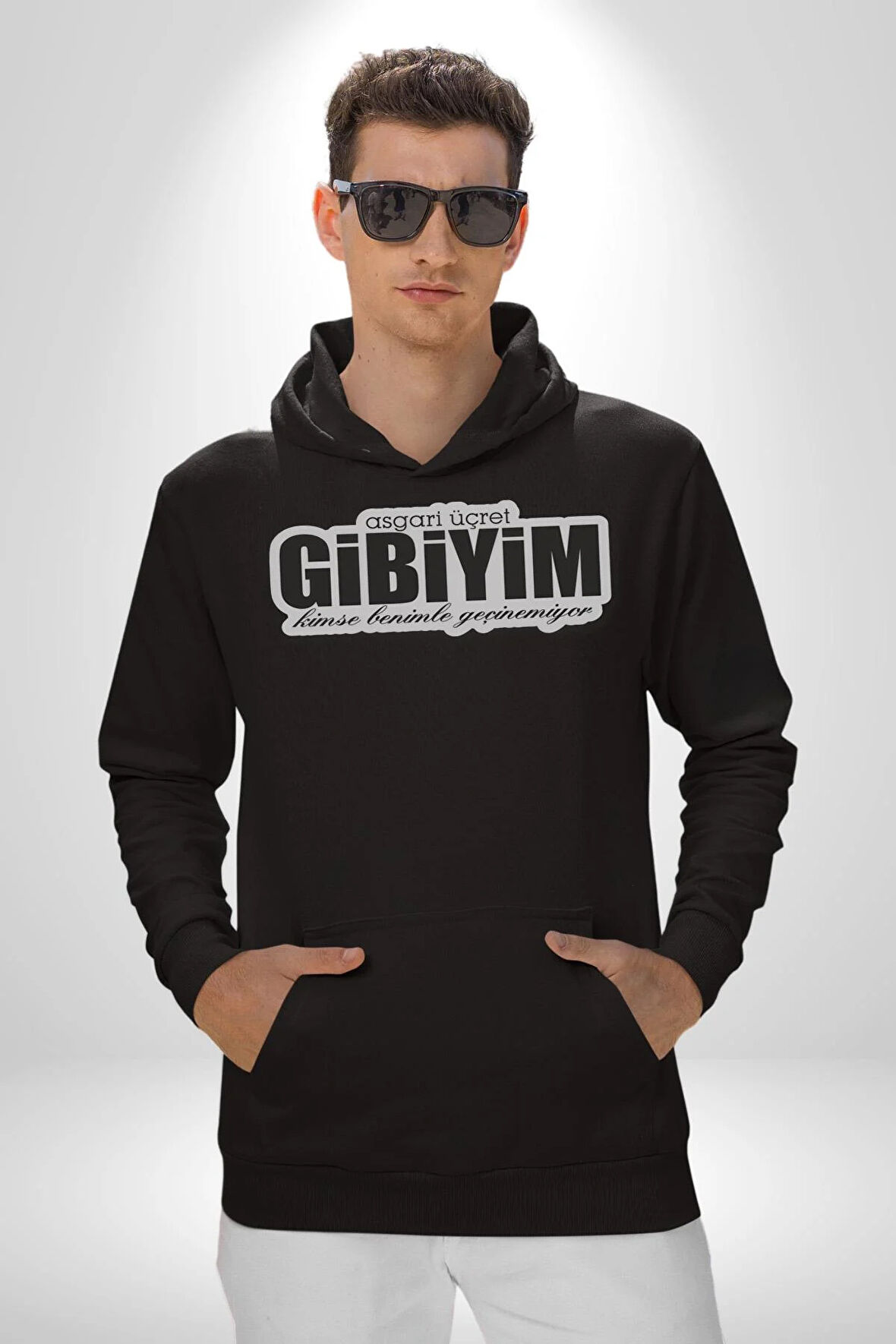 Asgari Üçret Gibiyim Kimse Benle Geçinemiyor Yazılı Kadın Erkek  Siyah Kapüşonlu Sweatshirt Hoodie