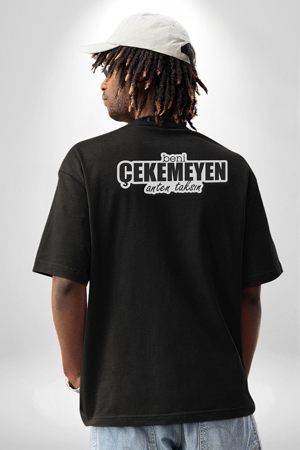 Beni Çekemeyen Anten Taksın Yazılı Pamuklu Kadın Erkek Oversize Sırt Dijital Baskılı Siyah T-shirt