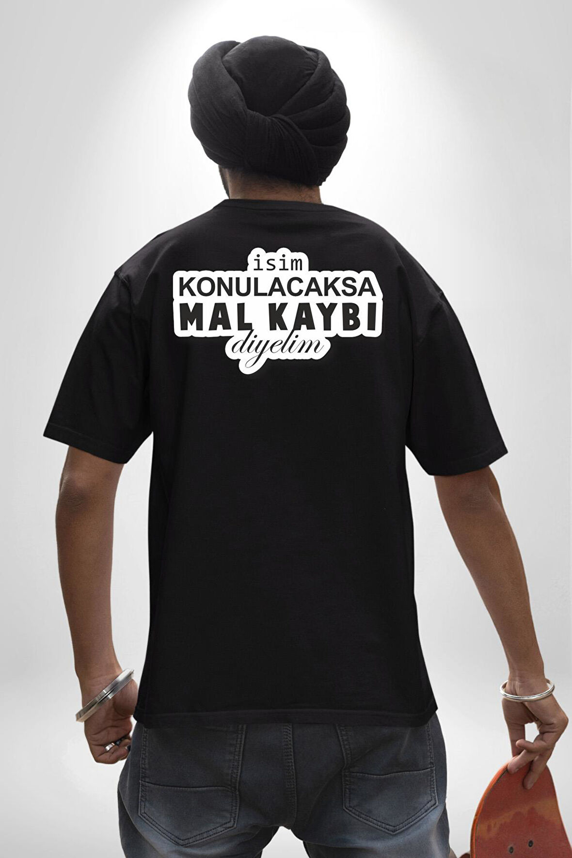 İsim Konulacaksa Mal Kaybı Diyelim Yazılı Pamuklu Kadın Erkek Oversize Sırt Dijital Baskılı Siyah T-shirt