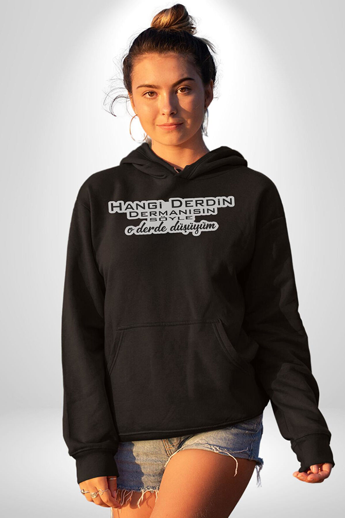 Hangi Derdin Dermanısın Söyle O derde Düşüyüm Yazılı Kadın Erkek  Siyah Kapüşonlu Sweatshirt Hoodie