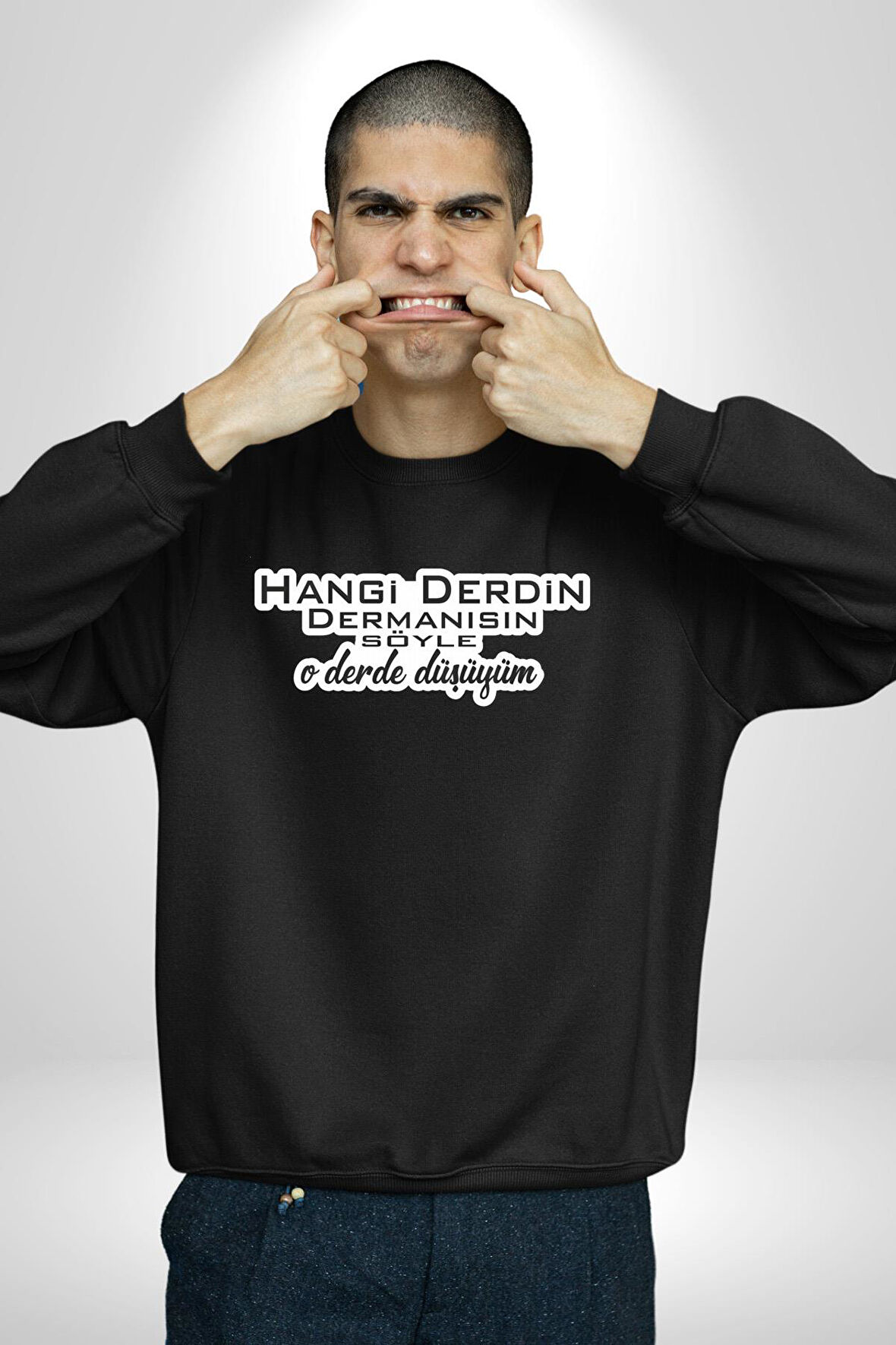 Hangi Derdin Dermanısın Söyle O derde Düşüyüm Yazılı Kadın Erkek Siyah Sweatshirt 