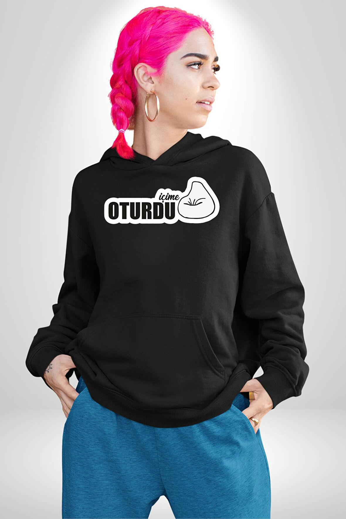 İçime Oturdu Yazılı Kadın Erkek  Siyah Kapüşonlu Sweatshirt Hoodie