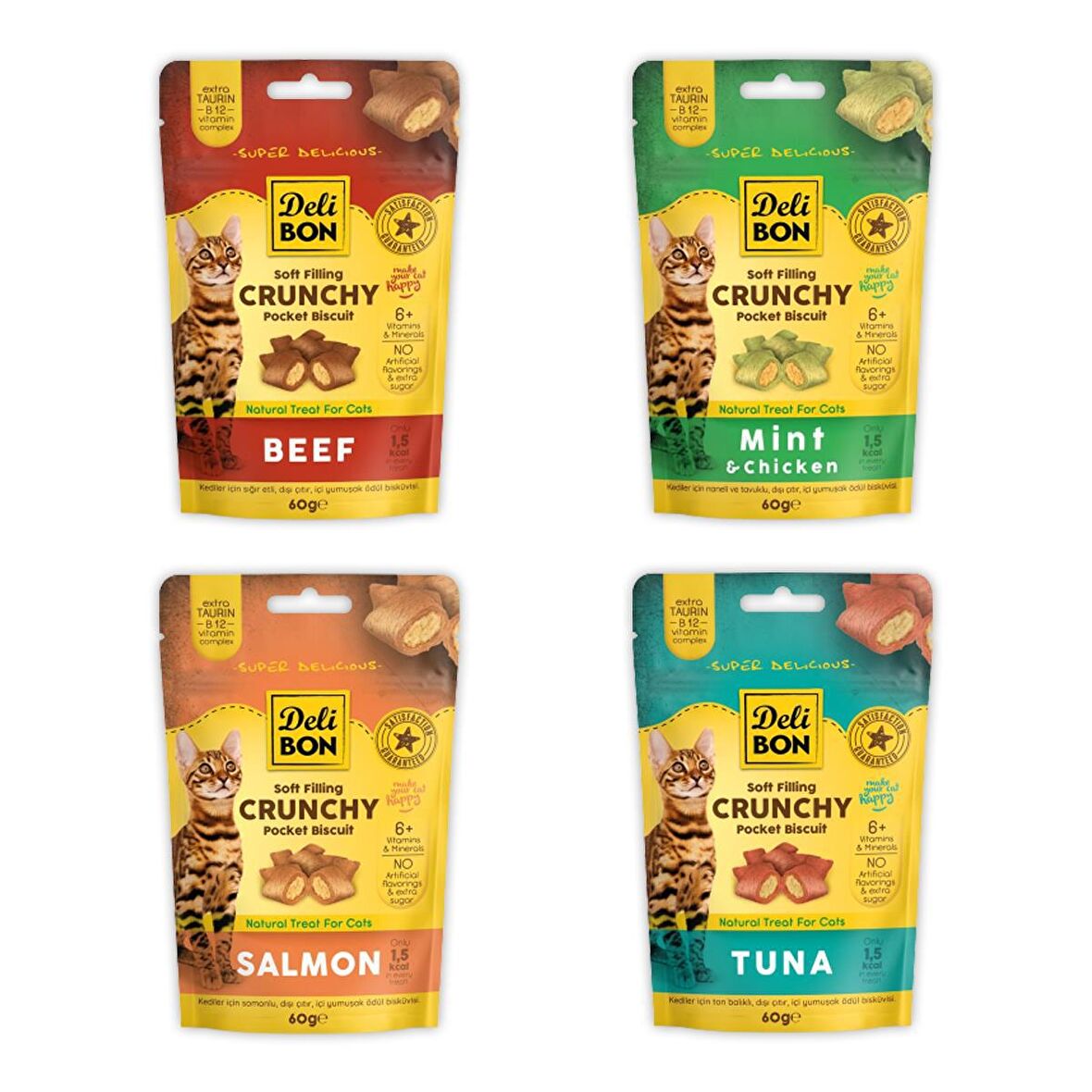 Delibon Crunchy İçi Dolgulu Bisküvi Karışık Kedi Ödülü Çeşitleri 4x60gr