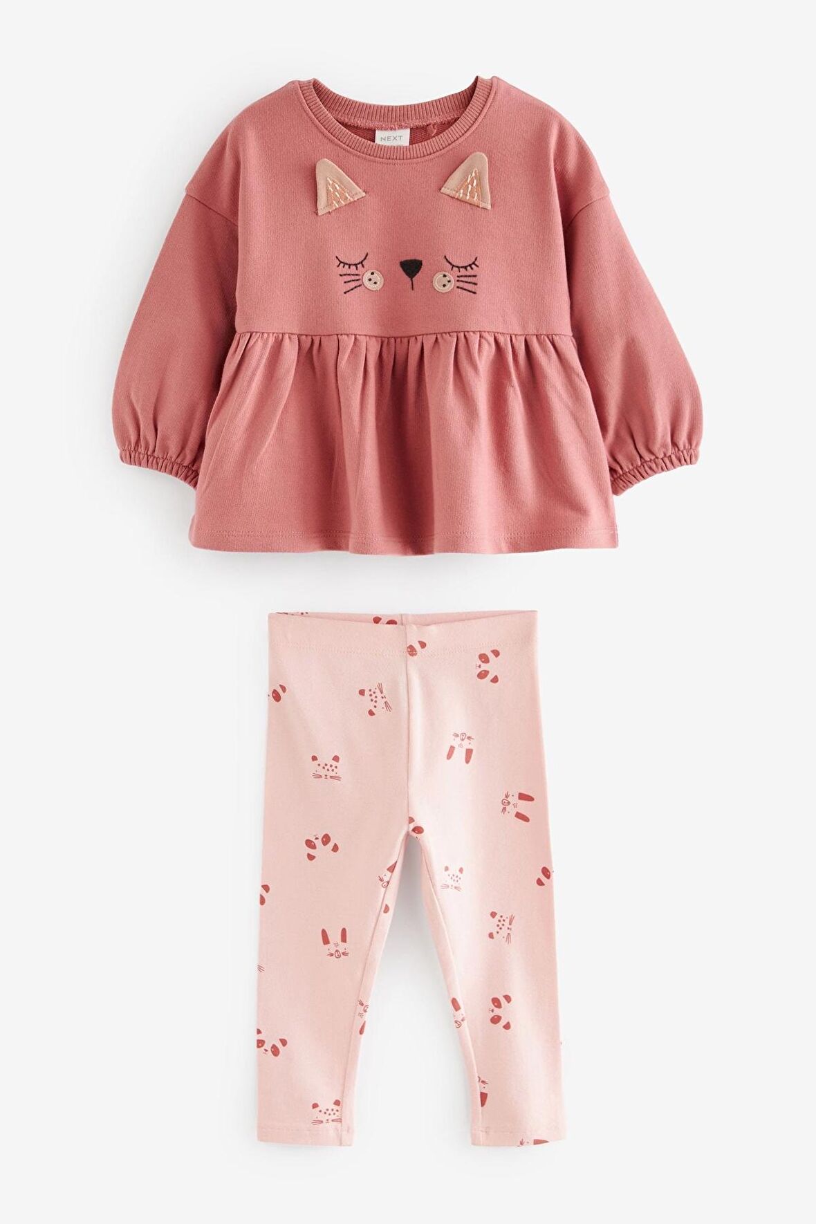 % 100 Pamuklu Pembe Kedi Desenli Alt Üst Takım