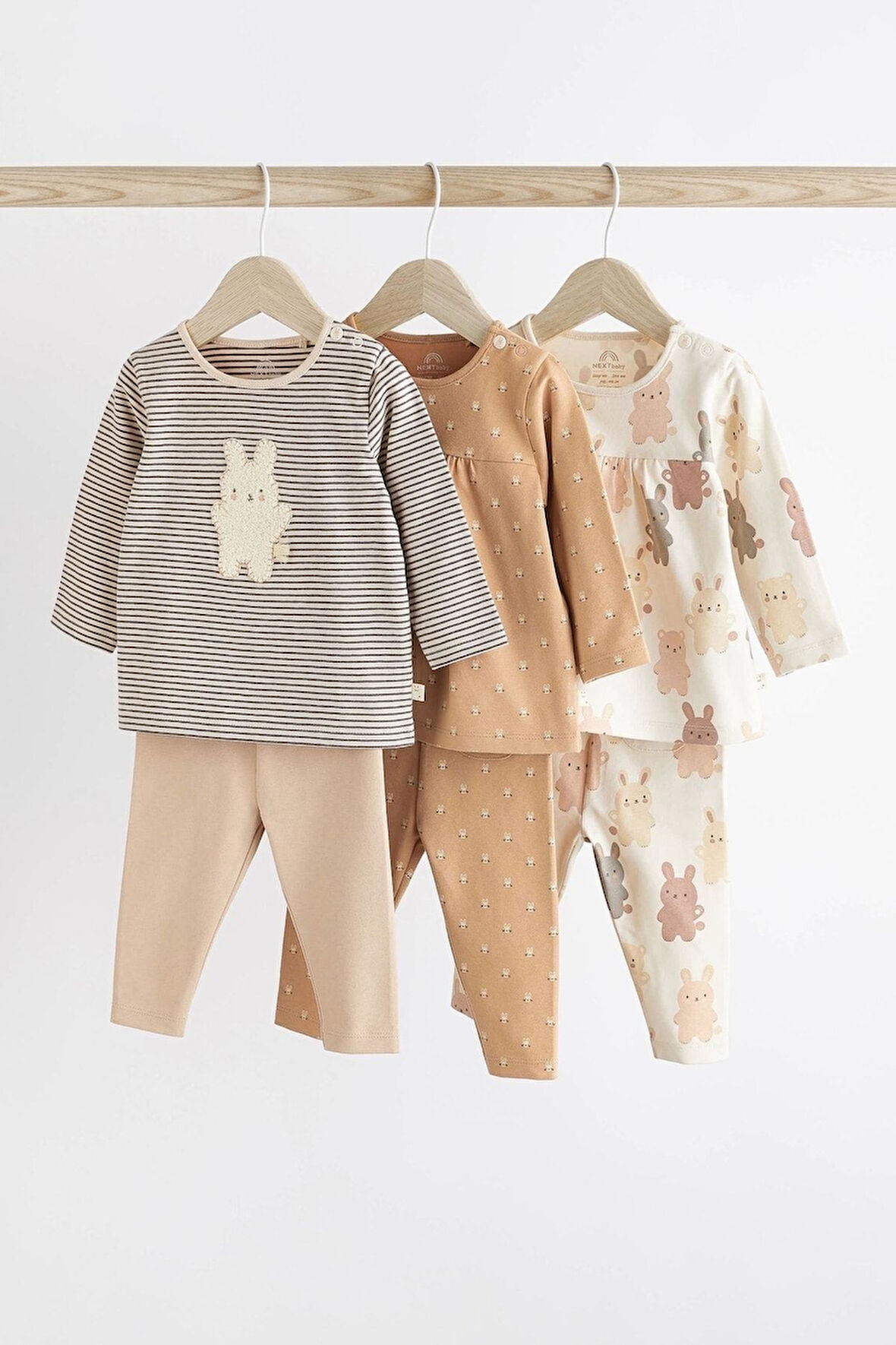 Next Baby % 100 Pamuklu Kahverengi Tavşan Desenli 3’lü Alt Üst Takım