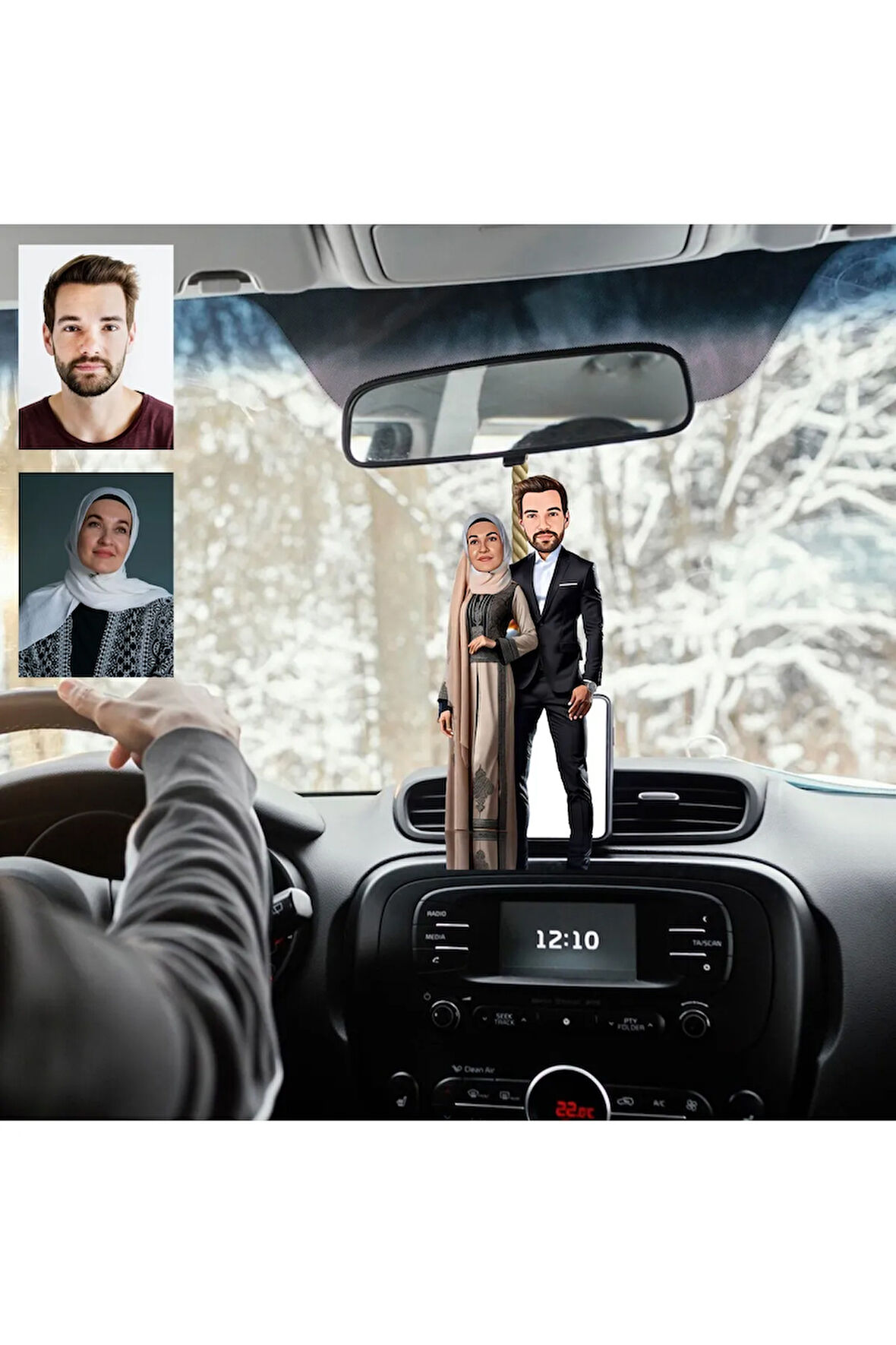 Tesettürlü Kadın ve Eşi Tasarımlı Ahşap Araba Dikiz Ayna Süsü