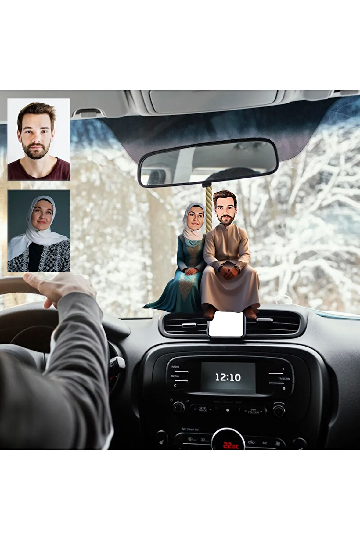 Tesettürlü Ve Eşi Tasarımlı Ahşap Araba Dikiz Ayna Süsü