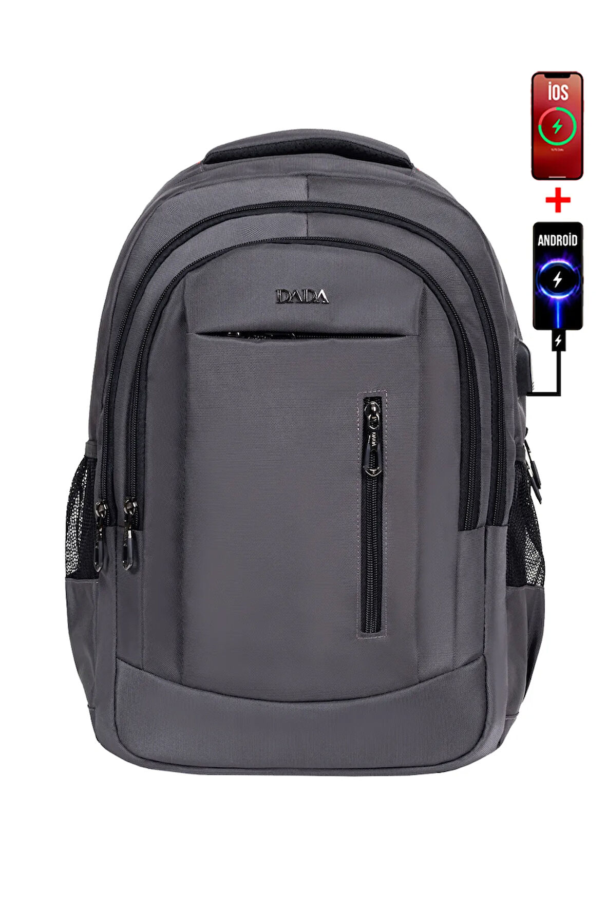 Unisex Gri Okul Sırt Çanta Büyük Boy USB Type-C Su Geçirmez Oxford Kumaş Lise Üniversite