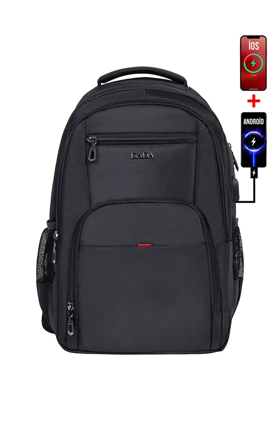 Unisex Siyah Okul Sırt Çantası Orta Boy USB Type-C Laptop Bölmeli Su Geçirmez Kumaş Lise Üniversite