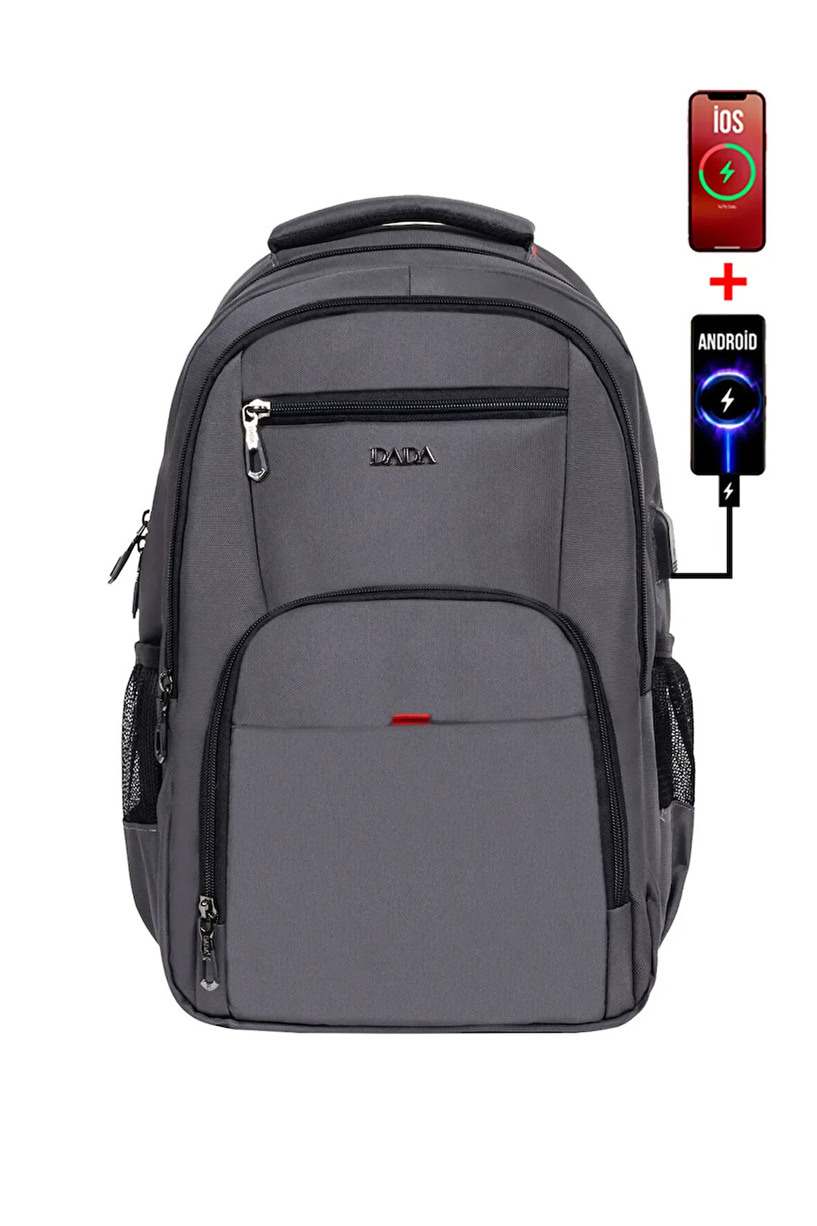 Unisex Gri Okul Sırt Çantası Orta Boy USB Type-C Laptop Bölmeli Su Geçirmez Kumaş Lise Üniversite