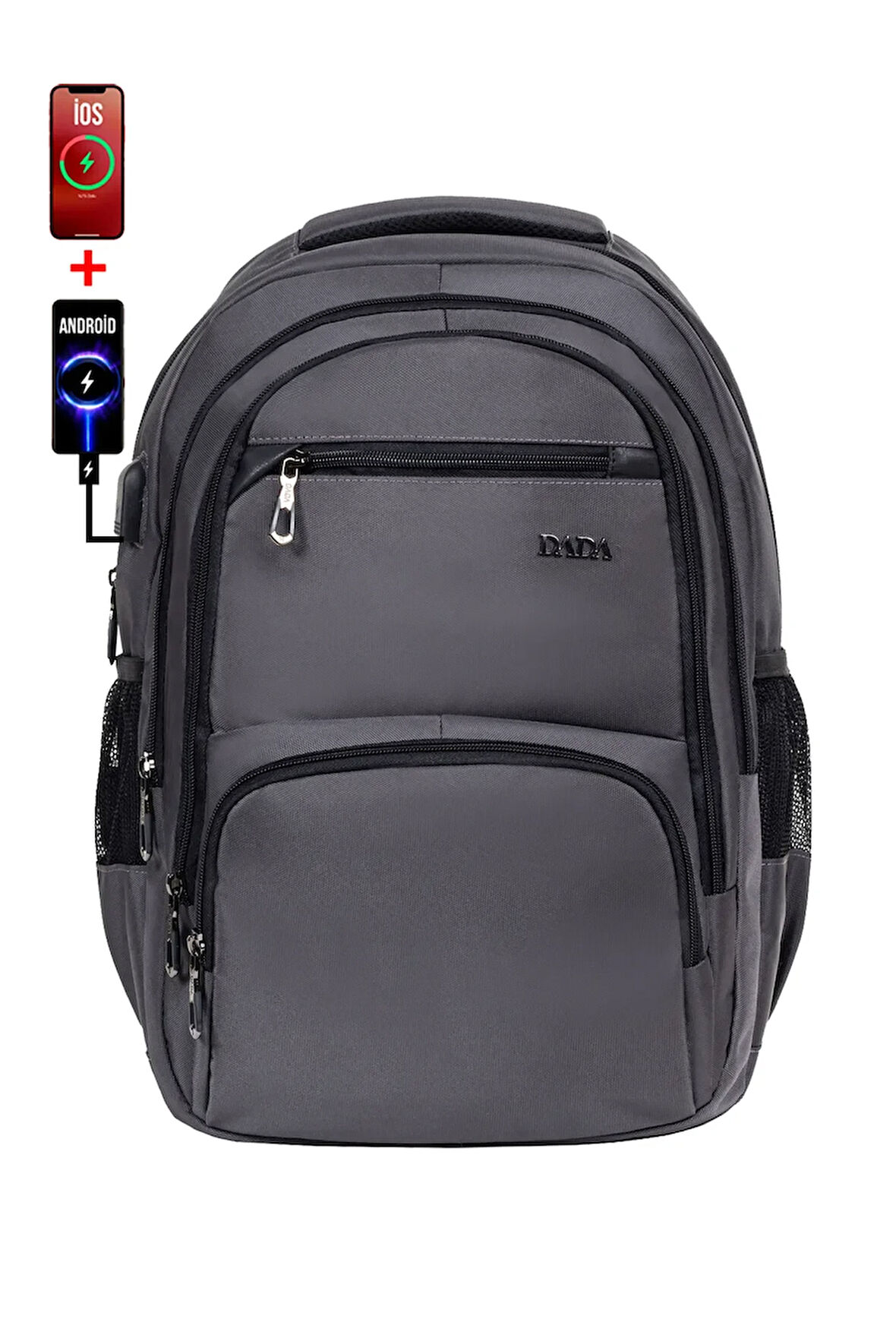 Çok Bölmeli Gri Okul Sırt Çantası Yandan Cepli Usb Type-C 15,6 inç Laptop Bölmesi Su Geçirmez Oxford Kumaş