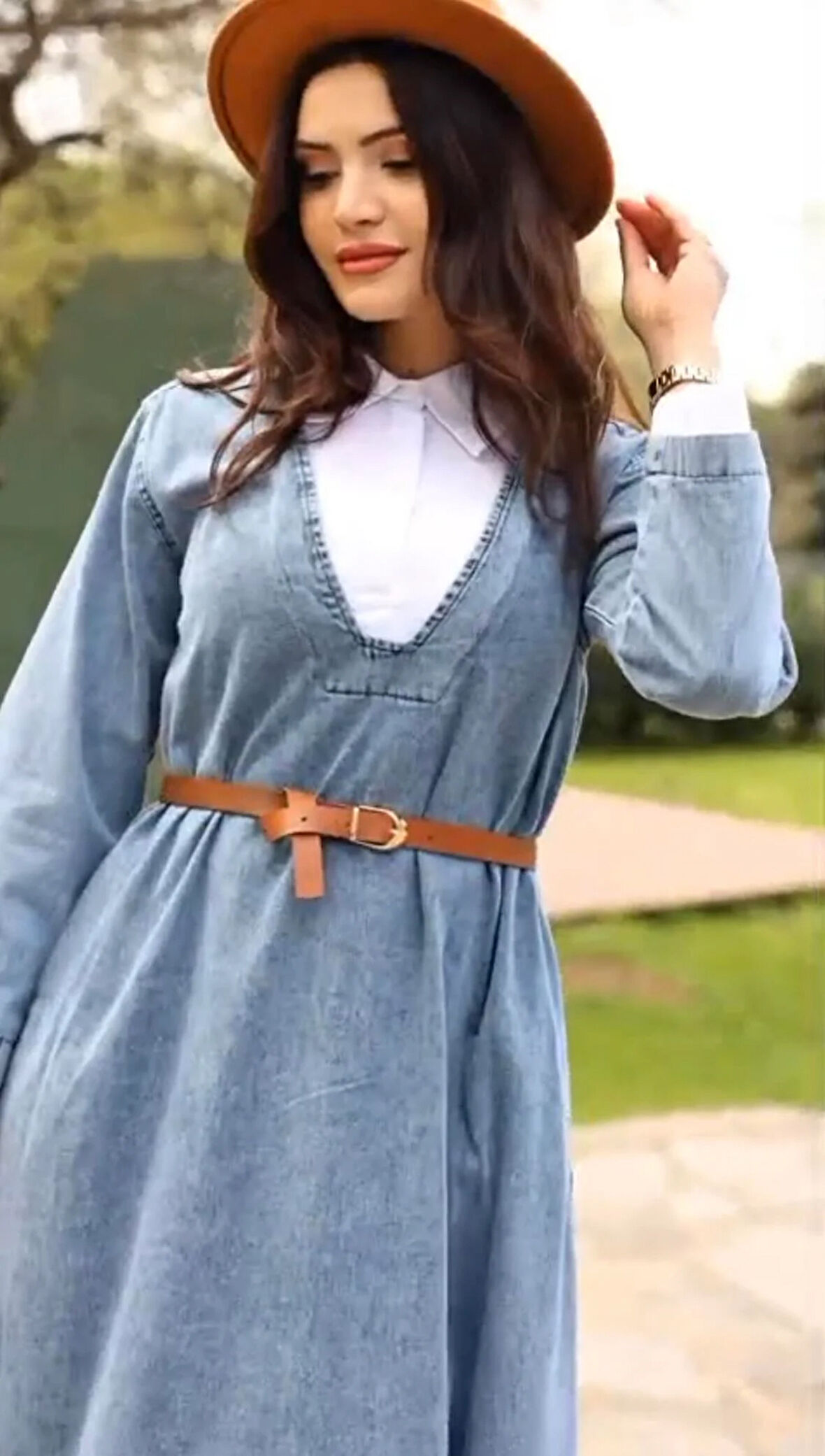 Premium Kalite Kemerli Gömlek Yaka Denim Kot Elbise Tesettür Uyumlu Jean Elbise