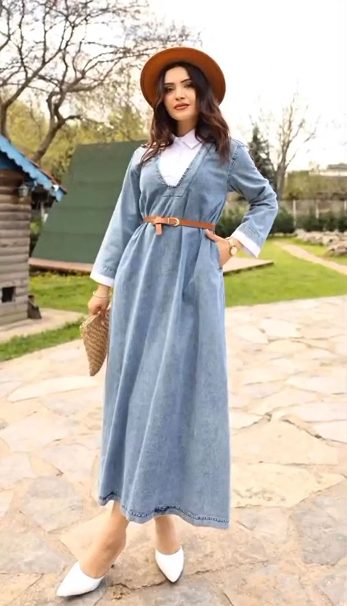 Premium Kalite Kemerli Gömlek Yaka Denim Kot Elbise Tesettür Uyumlu Jean Elbise