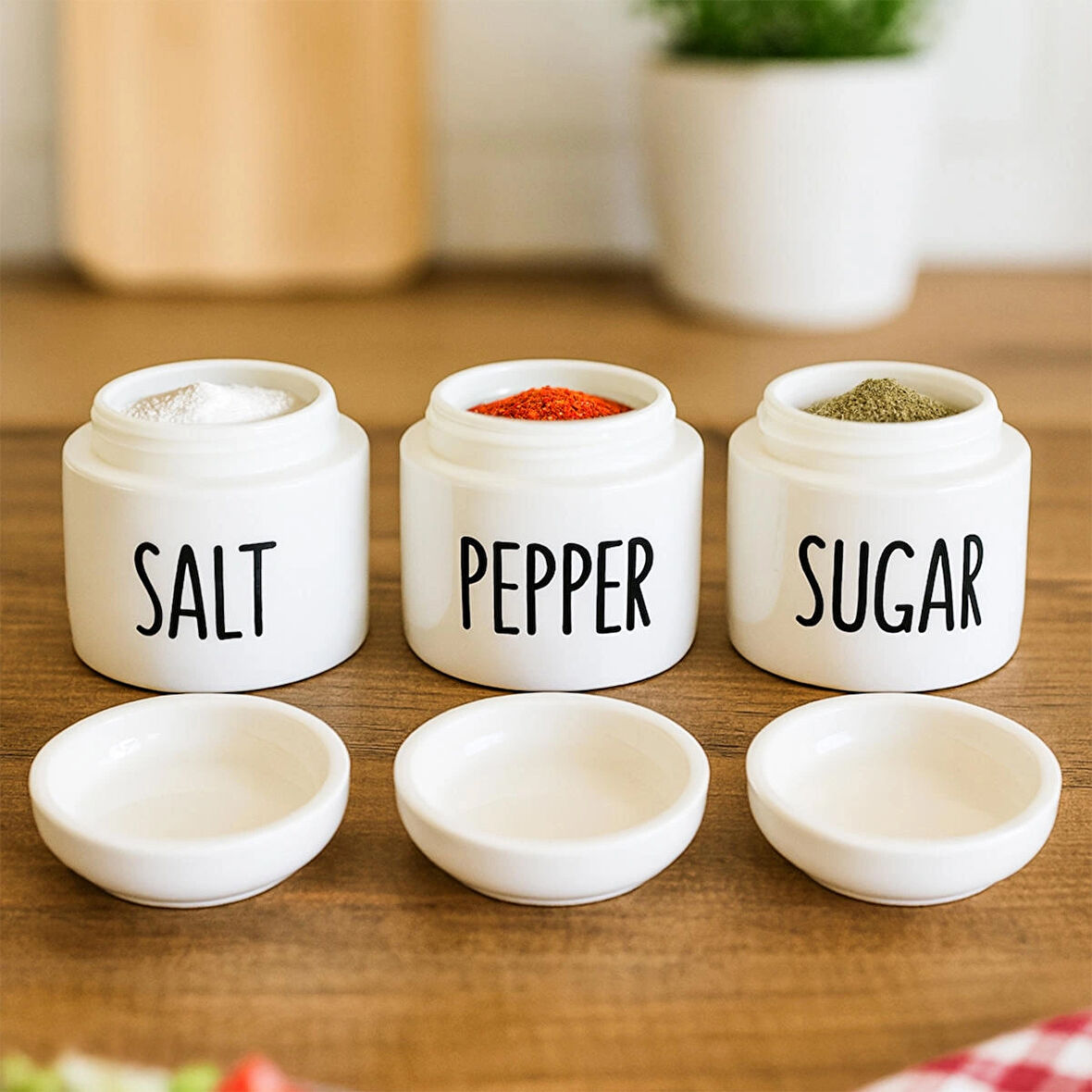 Porsima 18128 3'lü Porselen Ergonomik Baharatlık Seti Yuvarlak Formlu  Baharat Takımı Beyaz 