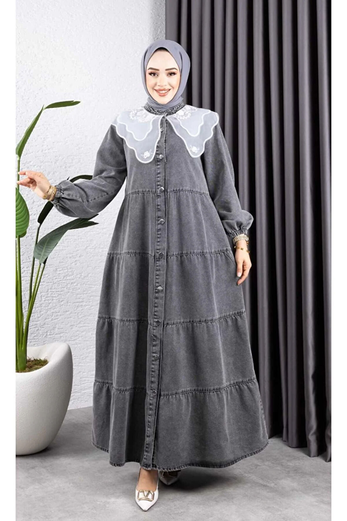 Kadın Düğmeli Dantel Yaka Kot Tesettür Elbise