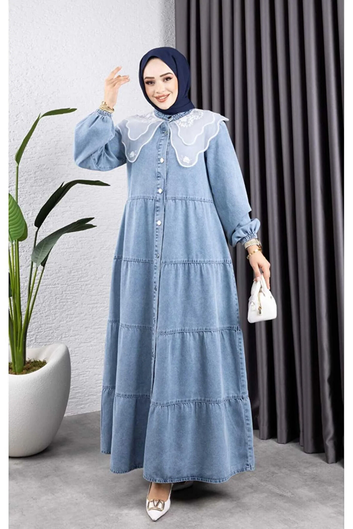 Kadın Düğmeli Dantel Yaka Kot Tesettür Elbise