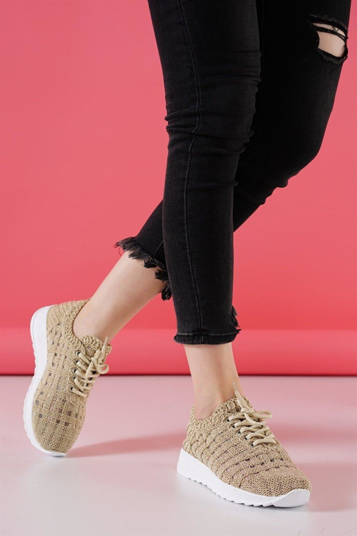 DANTEL Zarif Tasarım Model Dantel Tasarım Kadın Spor Ayakkabı Krem