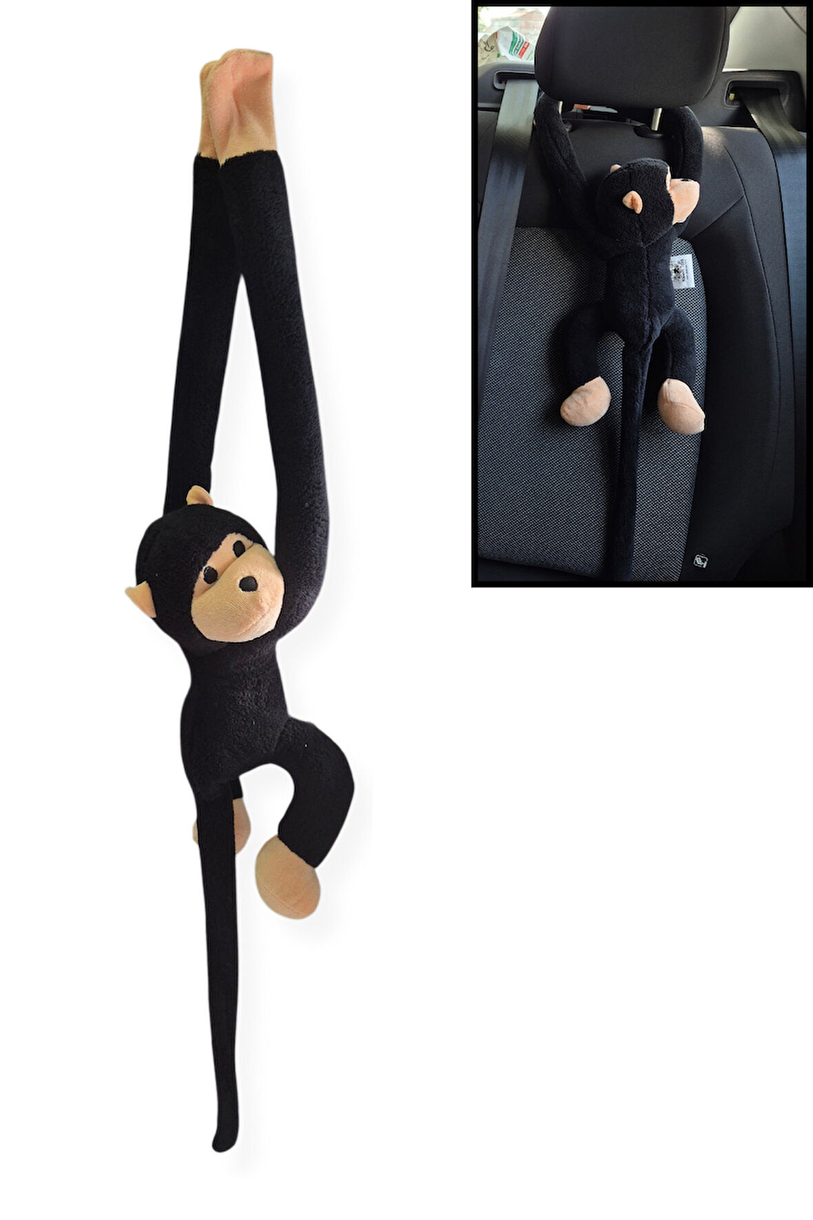 Araç İçi Dekoratif Siyah Pelüş Maymun Yastık – Yapışkan Elleriyle Koltuğa Sarılan Oto Aksesuar