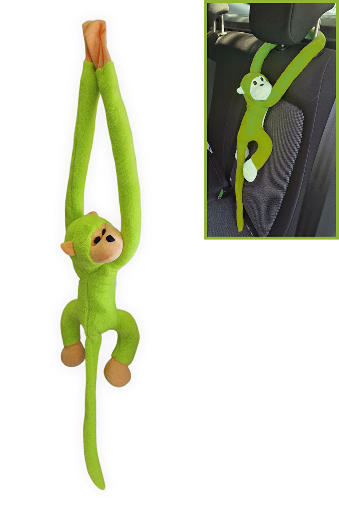Araç İçi Dekoratif Açık Yeşil Pelüş Maymun Yastık – Yapışkan Elleriyle Koltuğa Sarılan Oto Aksesuar