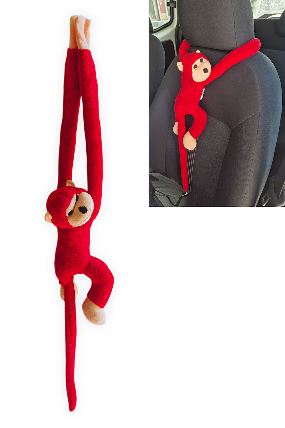 Araç İçi Dekoratif Kırmızı Pelüş Maymun Yastık – Yapışkan Elleriyle Koltuğa Sarılan Oto Aksesuar
